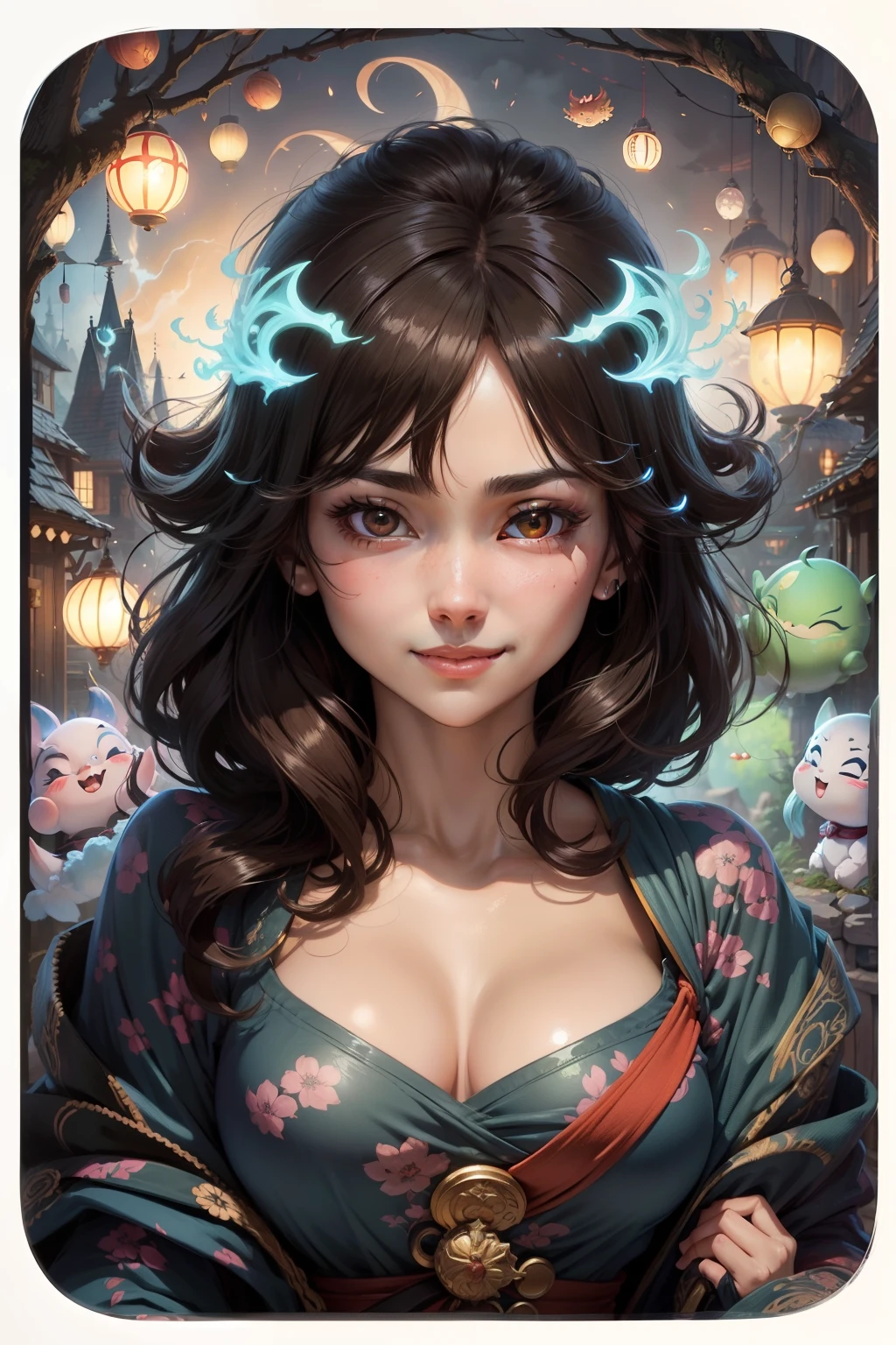Ukiyo-e Ultra (Frank Frazetta) detailed really cute brunette sorceress flying over a village, young adult woman with short hair, with nice shiny eyes smiling surrounded by cute slimes, focus on face, sharp focus, magic, soft tetradic colors, cartoon vector, volumetric lights, very detailed dungeon scenery, visually rich, manga, dragon ball, 2D, best quality, by Mschiffer,
