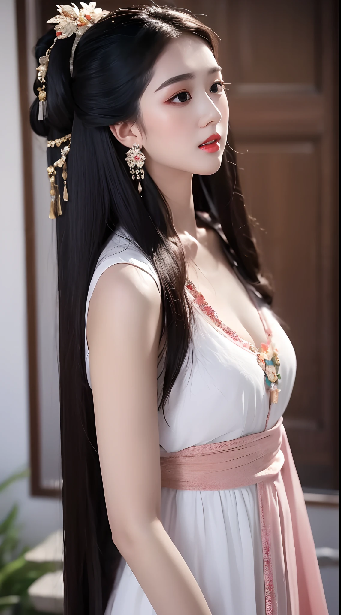 1 realistic beautiful girl, waist length hair, black eyes, long neck dress, hanfu style, wearing Chinese traditional clothes, smooth pinkish white skin, wear a necklace, wearing a discreet neck long dress, shoulders and head appear in photo, cute little face, puffy eyes under wet makeup, red lips, pout, ((closed mouth: 1.0)), well-proportioned front teeth, shy, small face with meticulous and very beautiful makeup , smooth skin, super round and tight breasts, breast augmentation, best breasts, ((blum boobs:0.6)), camisole inner cover girl's breasts, blusher, front view, earrings, necklace, top high, looking at viewer, upturned eyes, full body, masterpiece, top quality, best quality , official art, united wallpaper 8k, high resolution, ultra high definition, ultra detail, (photorealistic:1.2), alone, solo, Only 1 girl, Dunhuang hanfu style, 10x pixels, surreal, ultra high quality, full girl body, upper body,