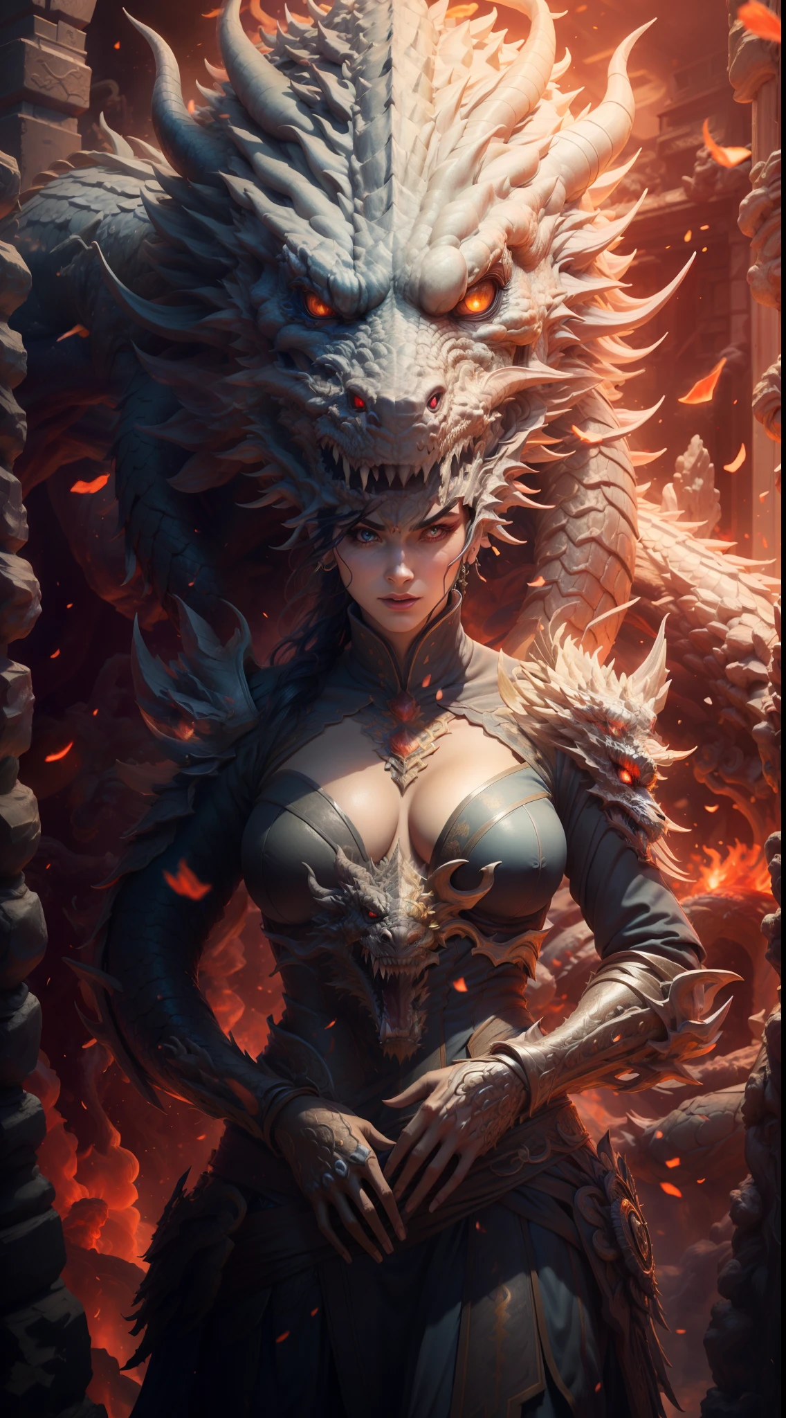 unreal engine:1.4,UHD, ultra realistic 16k cg,Best quality:1.4, photorealistic:1.4, skin texture:1.4, masterpiece:1.8, extremely detailed:1.4, best quality,beautiful eyes,optimal,tmasterpiece,Dragon,hermosa mujer,