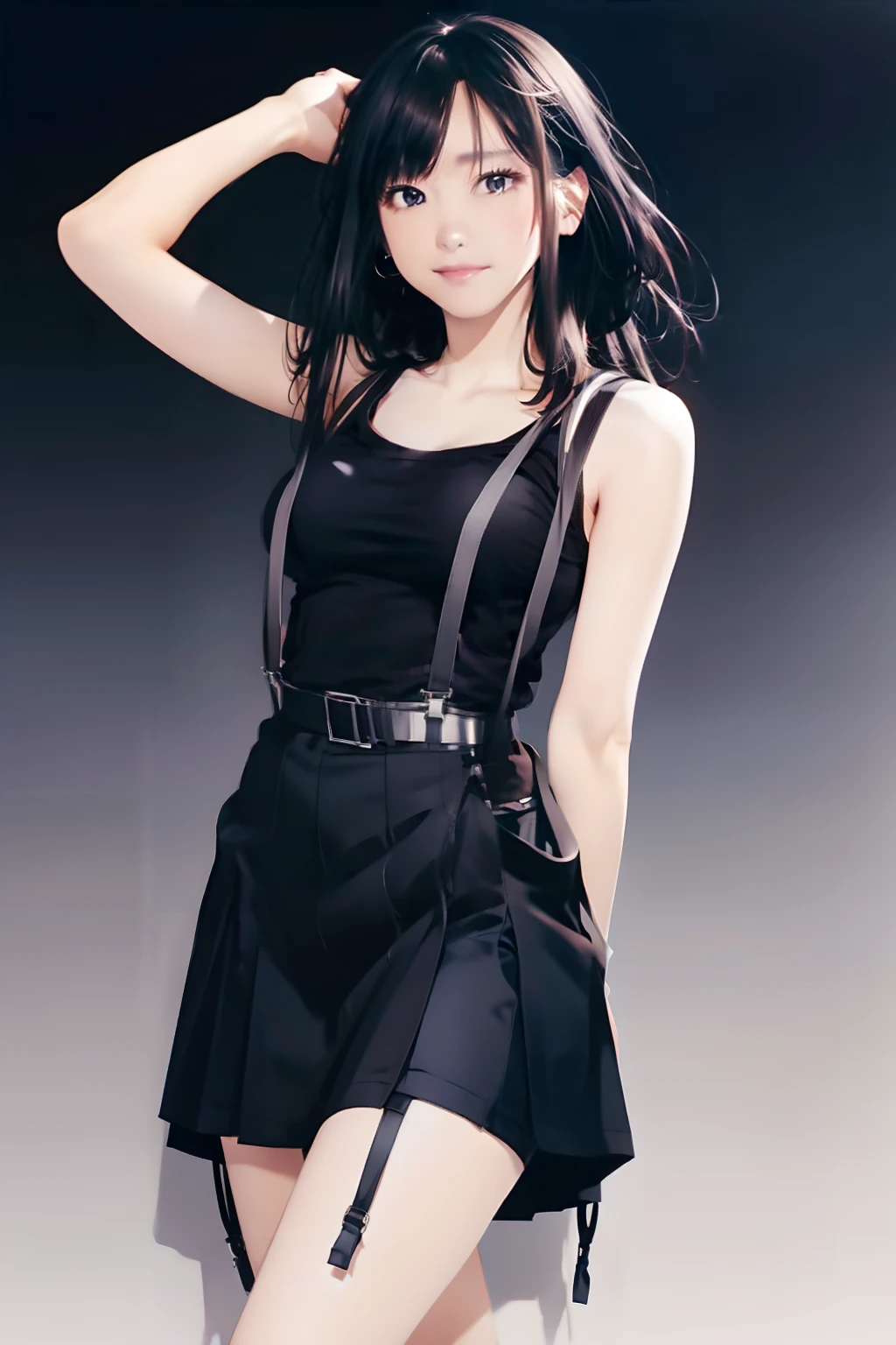 a black skirt, , Tank tops　suspenders, Long Black Hair, Gray eyes, holster, Garter belt on the legs, , Moderate breasts and tight clothes, both sides　　Behind