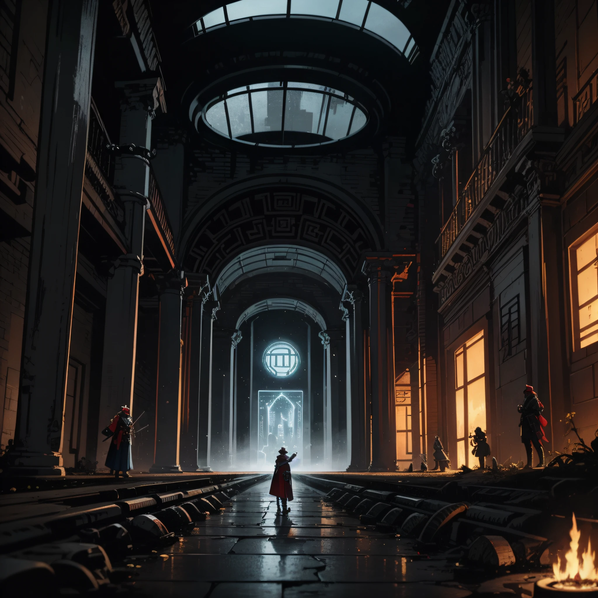 Mongolian costumes，Ranger，Underworld architecture，Tartarus Hell，There is unreadable text，cyber punk perssonage，the night，Machinary，High quality details，2D，greek mythology characters，There is unreadable text，4K