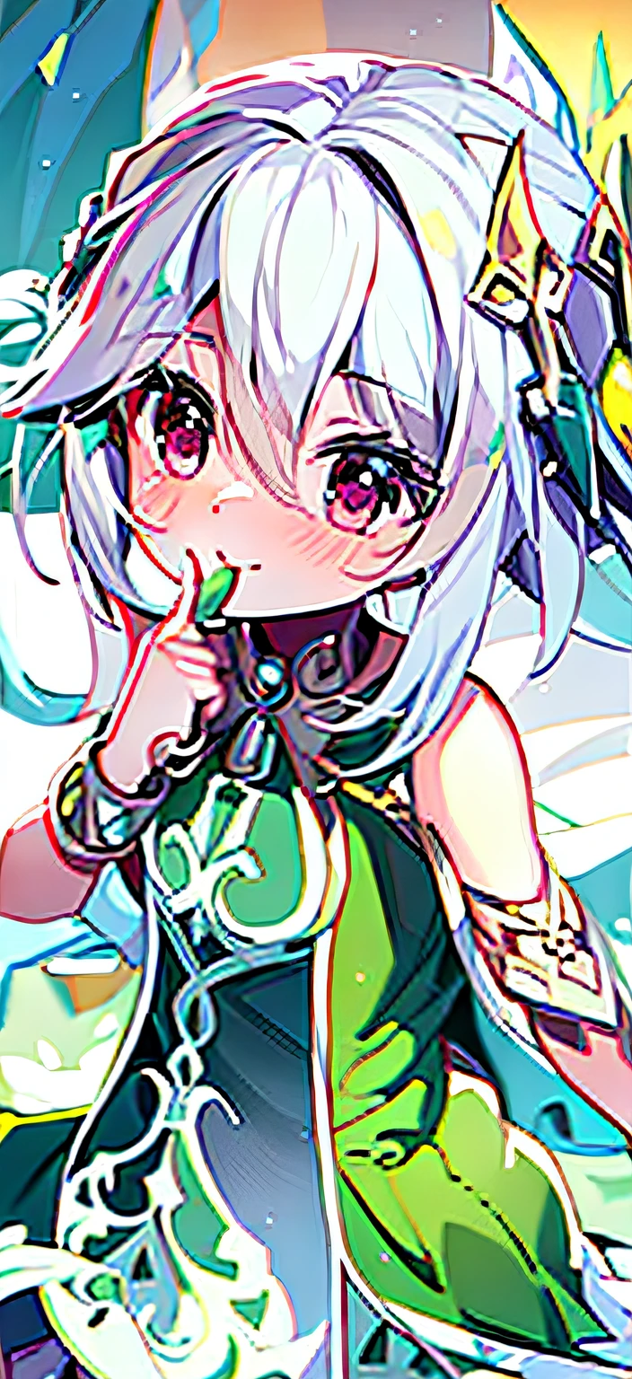 Close-up of a man in a green and white dress, Splash art anime Loli, anime visual of a cute girl, cute round green slanted eyes, cute anime waifu in a nice dress, Detailed anime artwork, Digital art on Pixiv, high detailed official artwork, Anime goddess, Detailed digital anime art, Detailed key anime art, Elf Girl, white-haired god