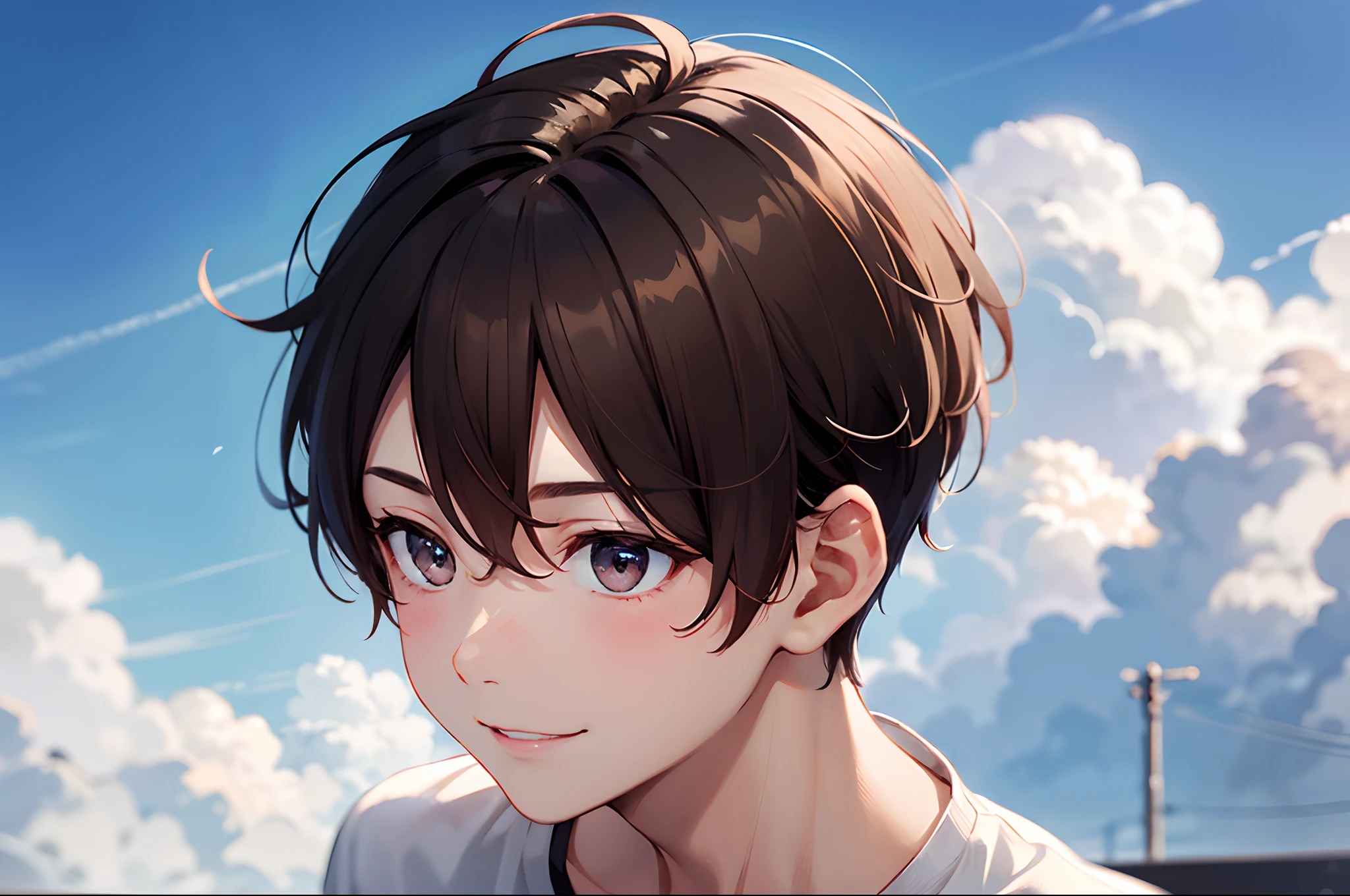 1boy, cute, Solo, sportrait，brown hair, short detailed hair, Brown eyes, Hair between both eyes, Blue sky，The cloudy，ssmile，white backgrounid，clean backdrop