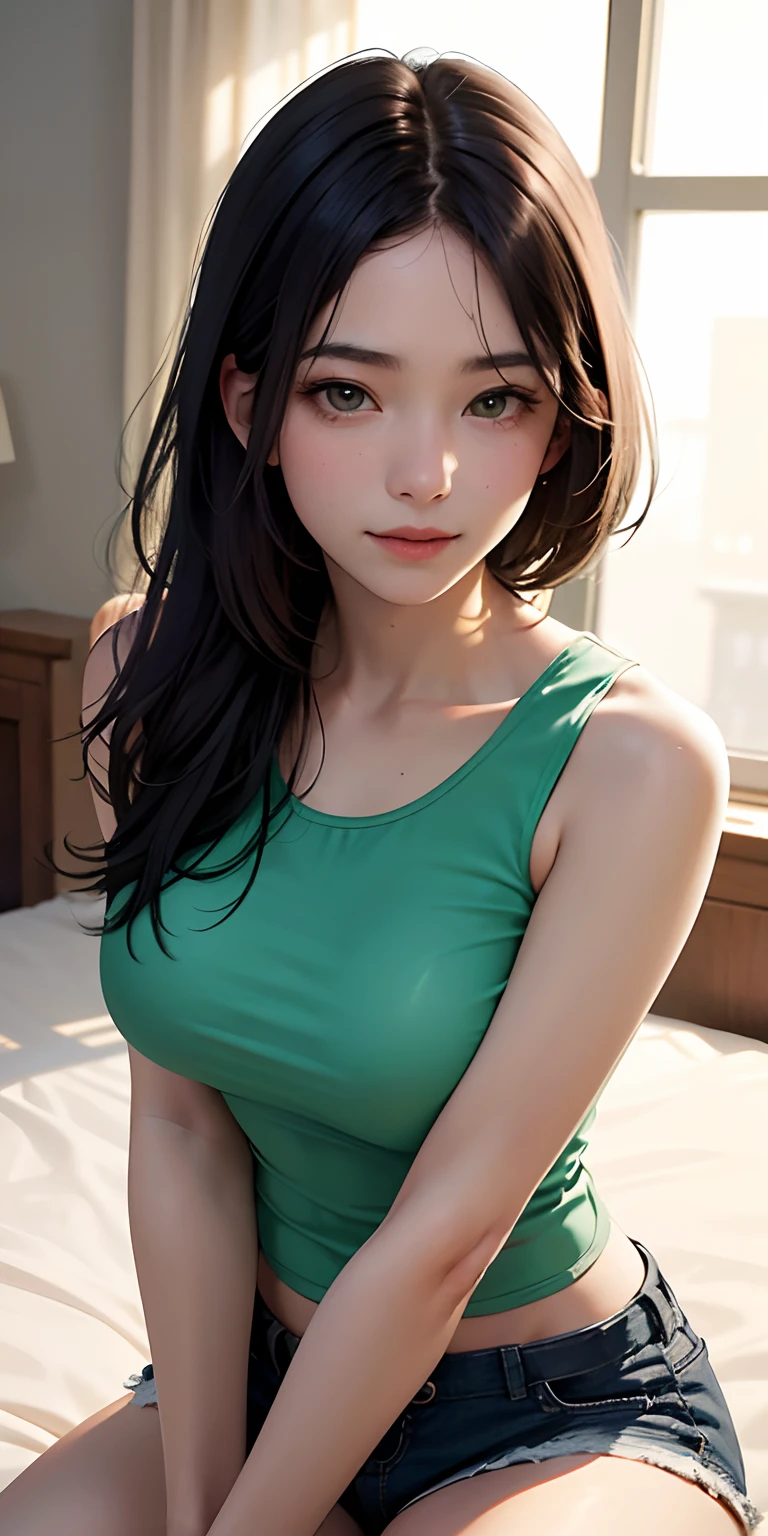 anime beautiful girl with 7 fingers in green shirt