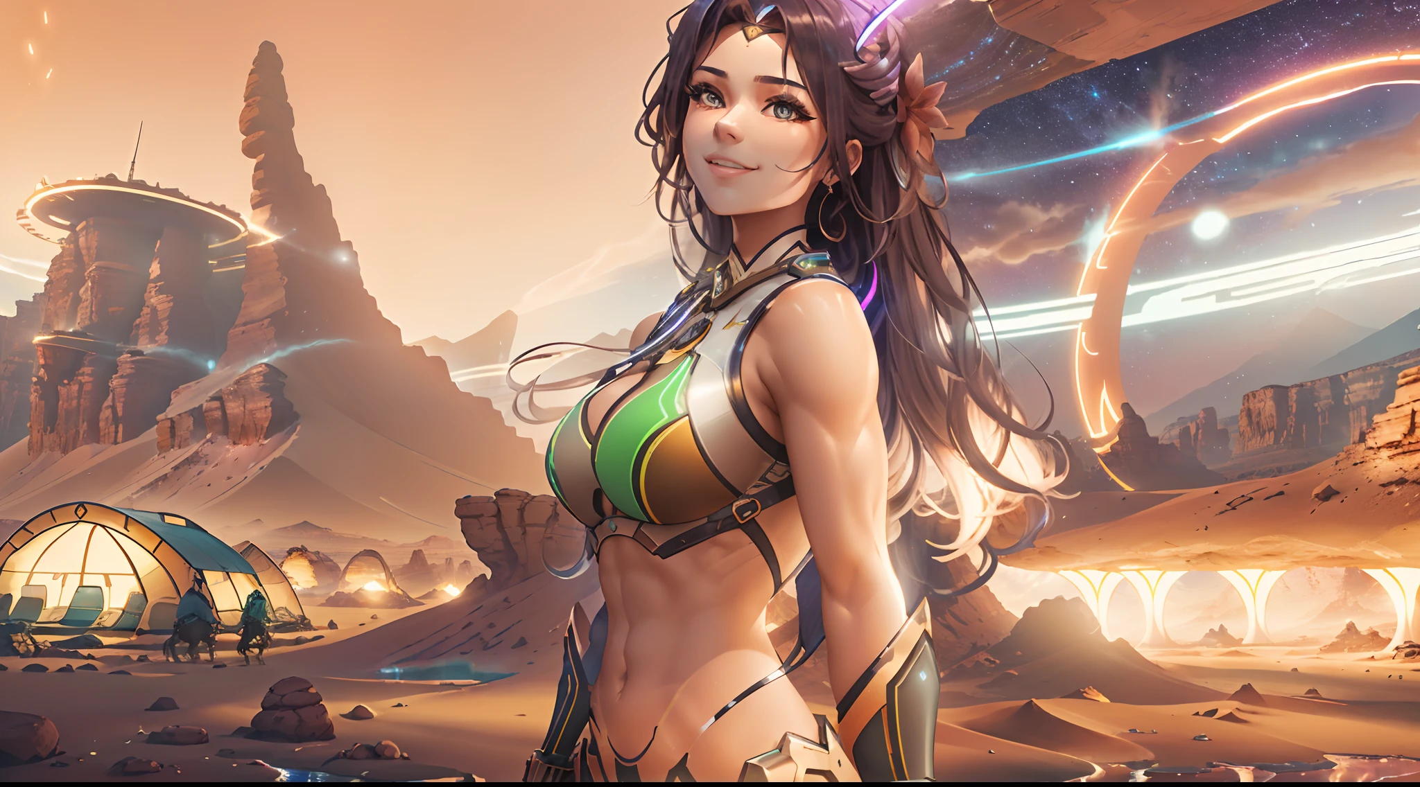 In a very grand scene,The extra-large wide-angle lens captures the appearance of a female centaur。She is tall,It has the ultimate curvy beauty,The muscles are slender and firm,Beautiful lines。Her facial features are tough and coquettish,Always with a sunny smile。She wears special tight-fitting equipment with a strong sense of technology,Step on multifunctional off-road style heels,Delicate and practical protective gear is worn on the hands, feet, wrists, neck and shoulders。The detection equipment around you flashes various cue lights and neon-like information screens,Let her exude a charming brilliance。Use Midjourney's advanced tools,Design special tight-fitting equipment for female centaurs,Highlight her unique physiological characteristics and appearance details,Add realism。And in her adventure scene,Spectacular views of nature,Clear sky、Brilliant rivers of stars and auroras、The rocky mountains of Wadi Rum on the horizon are endless、Fireworks in Oasis Garden, etc。ao mesmo tempo,A neon-lit spaceship docked next to the hustle and bustle of the desert oasis city,Create a fantastic scene。Use Midjourney's advanced tools and multiple color palettes、Brush Strokes、Texture tools and model packages,It shows a sense of atmosphere where beauty and charm coexist。The charm of the female centaur is highlighted through color and lines,Enhance realism with detailing,Create a surreal dreamy feeling。Additionally,Use Midjourney's tools to add a variety of extreme sports gear and cultural trinkets to the female centaur,Create intricate hairstyles and outfits,Give her a sense of premium,Bring Oasis Garden to life。She never flinches,Regardless of the terrain,can respond quickly,Even the extreme geography and dangerous terrain of aliens cannot stop her。Use Midjourney's powerful tools,You can do it with incredible detail and beauty,Bring this ultra-grand and beautiful scene to life。Ultra-grand scenes,super wide shot, hdr,(真实感,Masterpiece quality,best qualtiy),