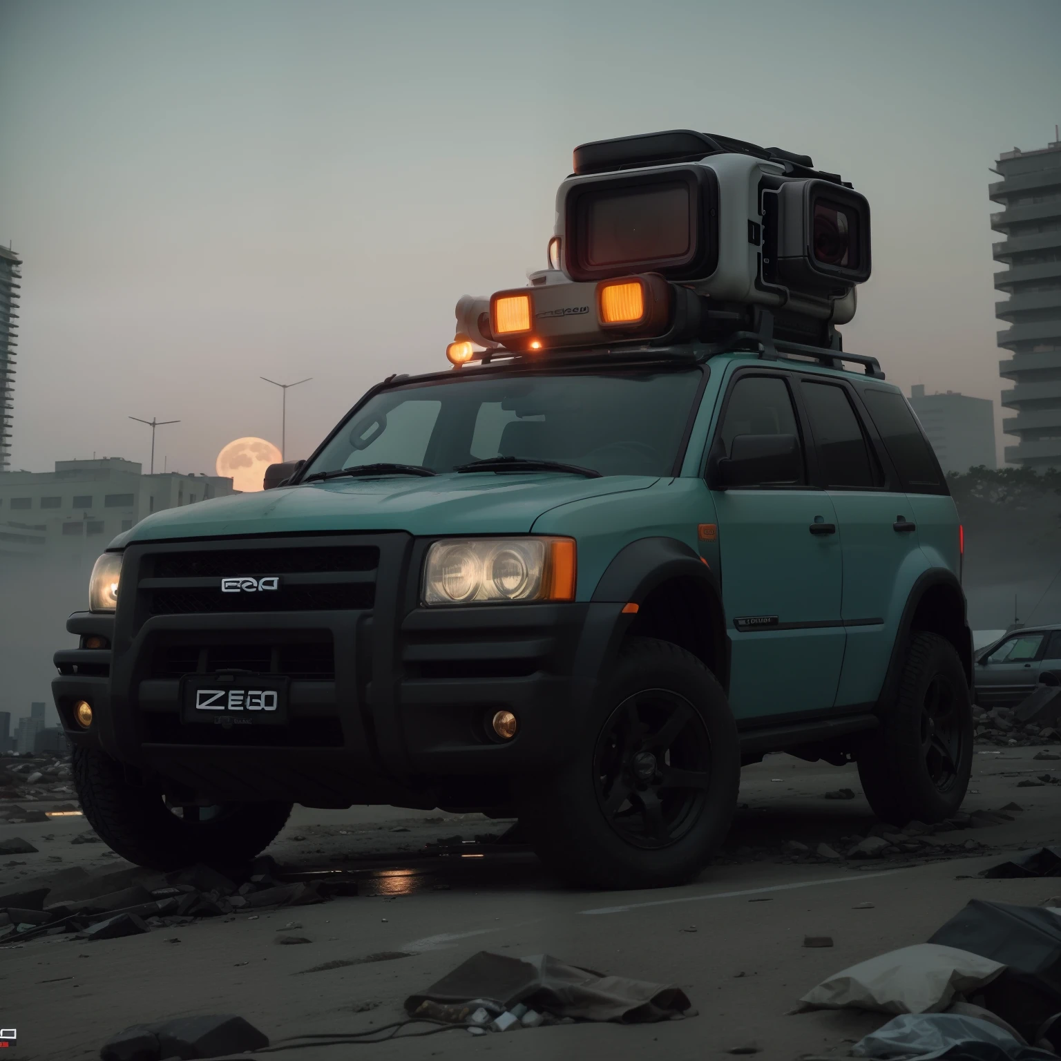 photography of：GoPro（Cyberpunk SUVs）zeekars，3/4 front view of a，wide angle action shot，postapocalyptic， exteriors， the night， Wagas， disrupt， urban decay， rays of moonlight， Full moon in the background， tmasterpiece， realisticlying， 8K， high detal， dark themes，