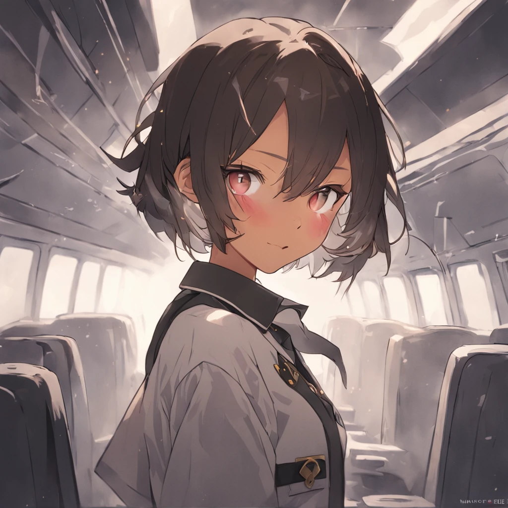 1girl, short black bob hair, yellow eyes, Round glasses, tan skin,dark skin ,BROWN SKIN, SHE HAS LIGHT BROWN SKIN, petite body, wearing plain white formal work shirt, wearing long black pants, business tie, absurdres, high res, ultrasharp, 8k, masterpiece, looking at viewer, cat ears, airline pilot uniform, airline pilot hat, white background, short sleeve, bangs, flat chest, whiskers, androgynous, she has cat ears on her head, she has cat teeth, cloudy background, holding pet black cat, smiling, large round glasses, no airplanes, airplane cabin background, wearing a choker on neck, collar on her neck