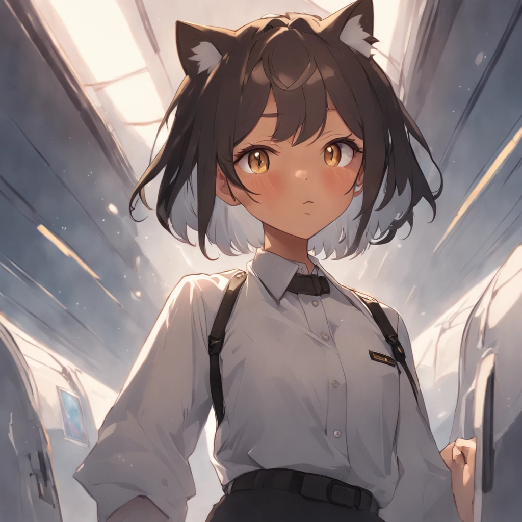1girl, short black bob hair, yellow eyes, Round glasses, tan skin,dark skin ,BROWN SKIN, SHE HAS LIGHT BROWN SKIN, petite body, wearing plain white formal work shirt, wearing long black pants, business tie, absurdres, high res, ultrasharp, 8k, masterpiece, looking at viewer, cat ears, airline pilot uniform, airline pilot hat, white background, short sleeve, bangs, flat chest, whiskers, androgynous, she has cat ears on her head, she has cat teeth, cloudy background, holding pet black cat, smiling, large round glasses, no airplanes, airplane cabin background, wearing a choker on neck, collar on her neck