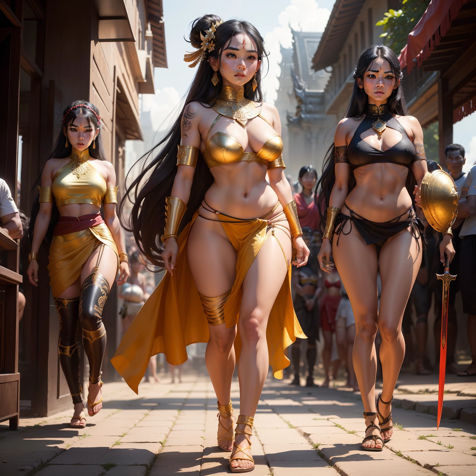 Female Khmer warrior, long black hair, dark brown tanned, Armour on, bangles, Angkor temple, full body, holding weapon, sexy tied hair up, crowd on the head, wearing jewelry, Sak yant tattoos on the arm, curvy body, wear red wrap sarong outfits, dark skinned, cute face, big lips, Diamond shape faces, wide nice nose, defined features on the face, apsara jewelry on, gold leaves jewelry, fighting at war, Armour bra top, sword and shield, Takeo in Cambodia, temple, show full body to foot and toes, wear sandals, khmer men soldiers behind