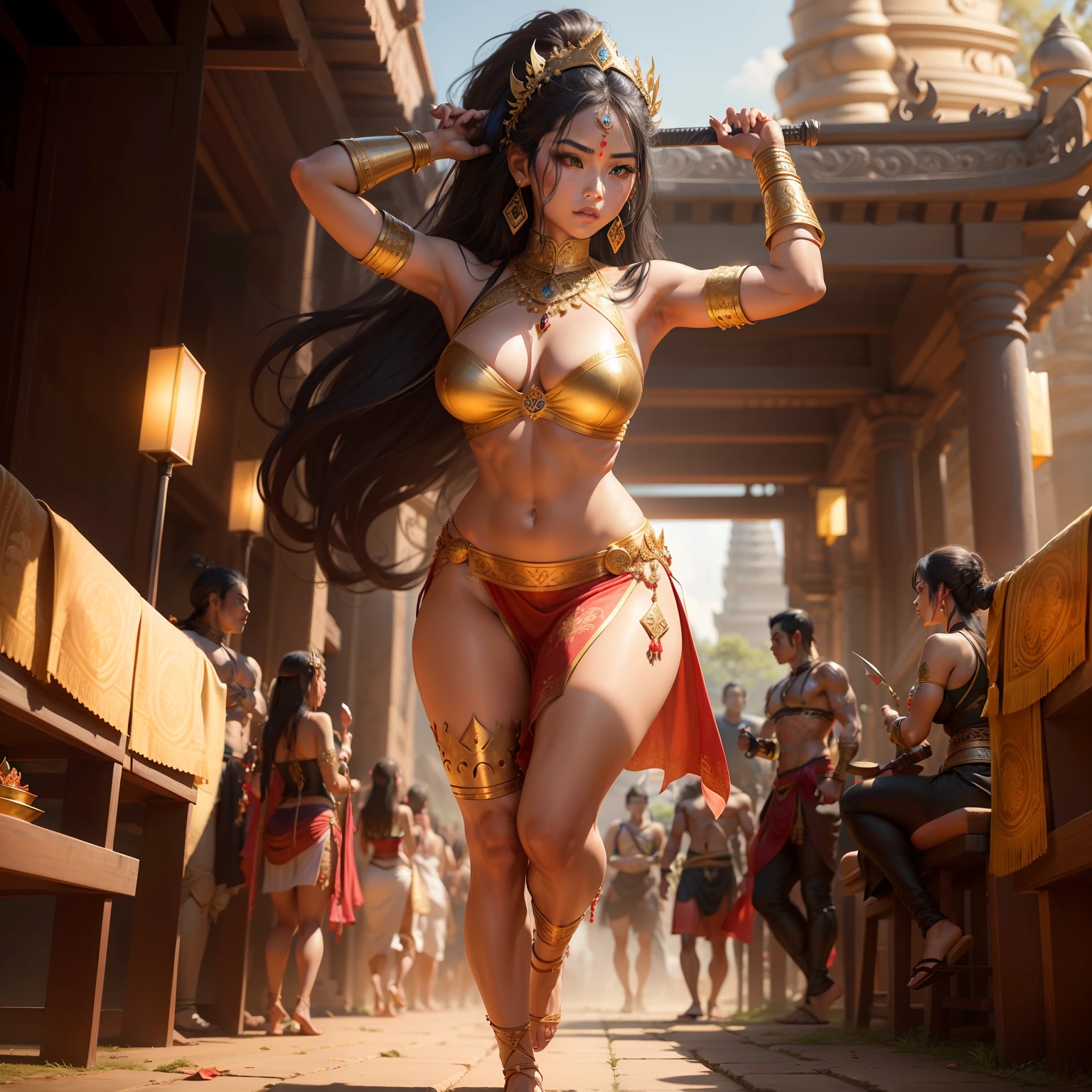 Female Khmer warrior, long black hair, dark brown tanned, Armour on, bangles, Angkor temple, full body, holding weapon, sexy tied hair up, crowd on the head, wearing jewelry, Sak yant tattoos on the arm, curvy body, wear red wrap sarong outfits, dark skinned, cute face, big lips, Diamond shape faces, wide nice nose, defined features on the face, apsara jewelry on, gold leaves jewelry, fighting at war, Armour bra top, sword and shield, Takeo in Cambodia, temple, show full body to foot and toes, wear sandals, khmer men soldiers behind