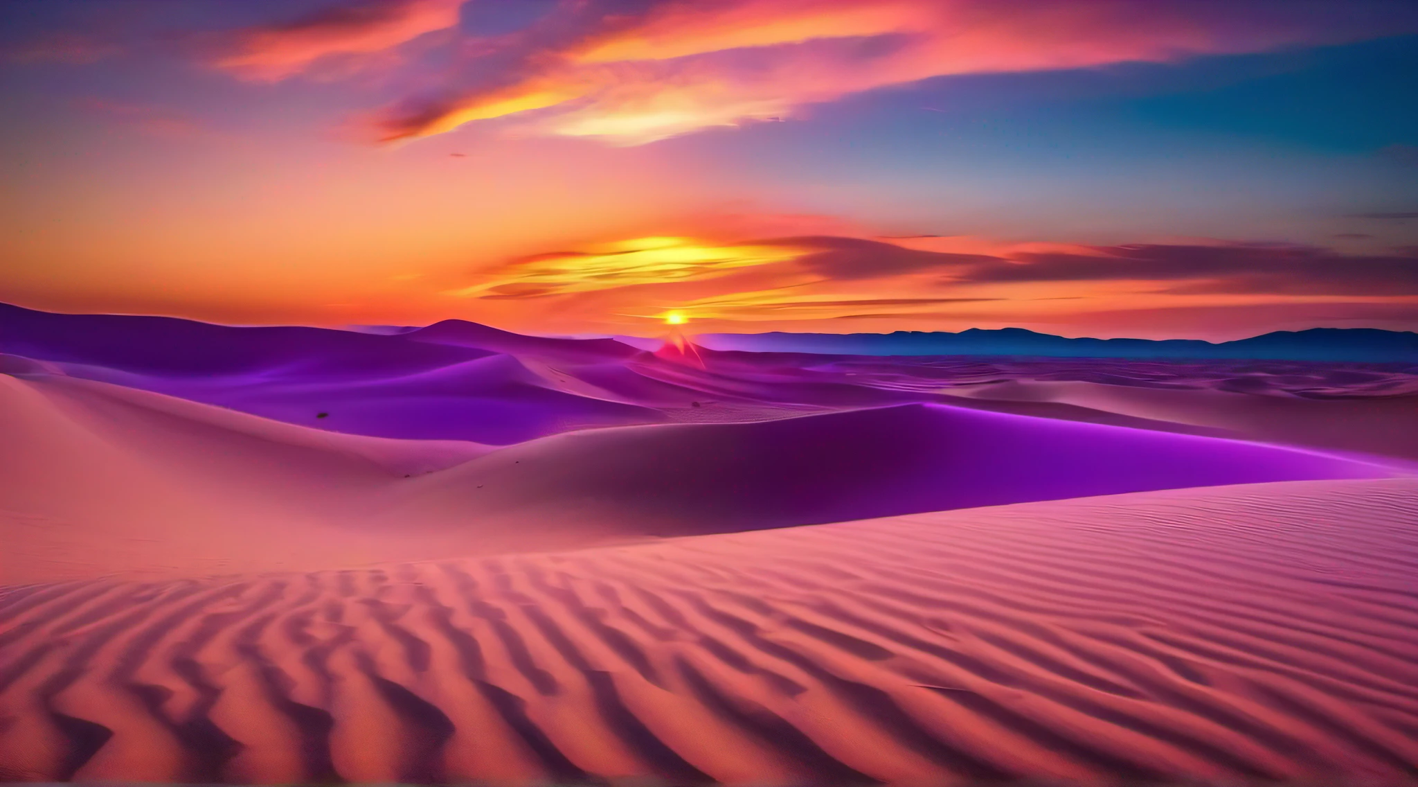 at dusk at golden hour,The temperature of the sand in the desert gradually decreases,The sea of sand was covered with a faint purple veil,The dreamlike sight is mesmerizing