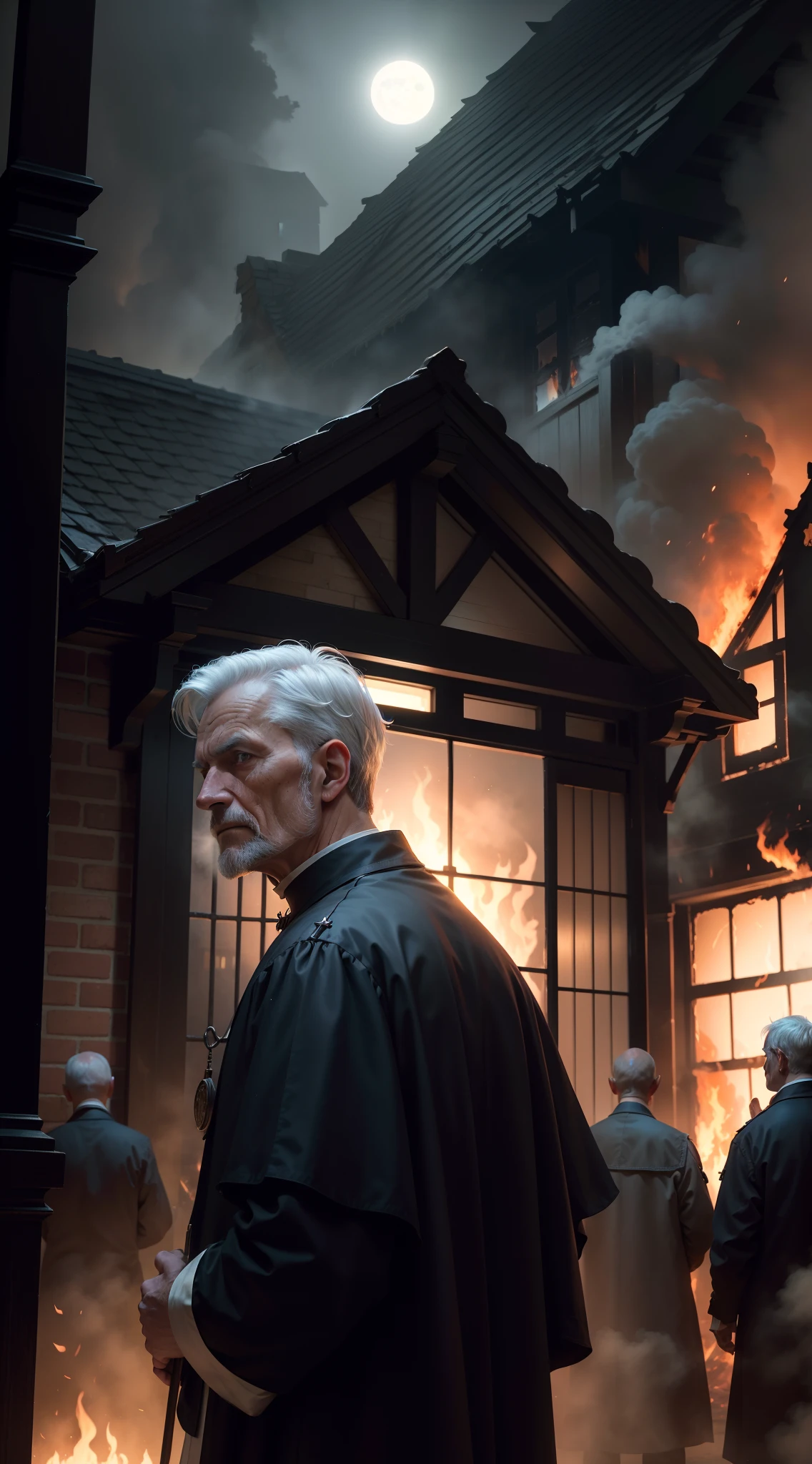a older priest and others stand outside watching as a house that is on fire, its burning, there is a lot of fire and flames, flames are coming out of the broken windows, it's night time, dark, fog, full moon, close up of face, 1600s