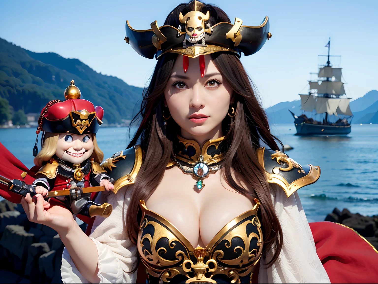 (masutepiece), Professional , masterpiece、top-quality、photos realistic , (Gemstone Silver Metal Body:1.9),(Matte White、(Put on a pirate hat)、Jewel Gold Weapon(Jewel Metal Body:1.4),Gorgeous metal weapons , Detailed Sword of the Brave , Beautiful knife ,warhammer 40k , The port town、adepta sororitas,Detail and ornate jewel crown、Black hair、Gangle's forest background、Beautiful Caucasian beauty、1a person、dynamic ungle,(((Detailed and ornate diamond crown)))、Smaller head、A smile、Take a sexy pose、Background inside the castle、Thin and beautiful female hands、cleavage of the breast、Soldier in iron armor on background、Man soldier in iron armor on background、Sea view、Pirate Ship、Woman or stand in the center、Lots of pirate ships、Luminescent particles,light scattering,Tindall Effect