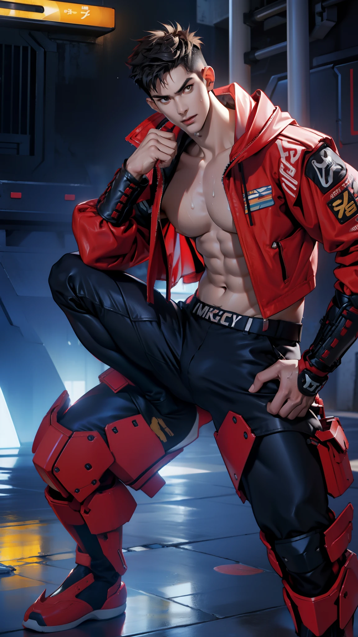A tall muscular boy , Naked , Legs spread , (The whole body of the character),impact , Sweaty , Wet , Seductive , Bigboobs , large bulge , big balls ,, From the knees , big assa,mechs,punky style,Wu Yifan