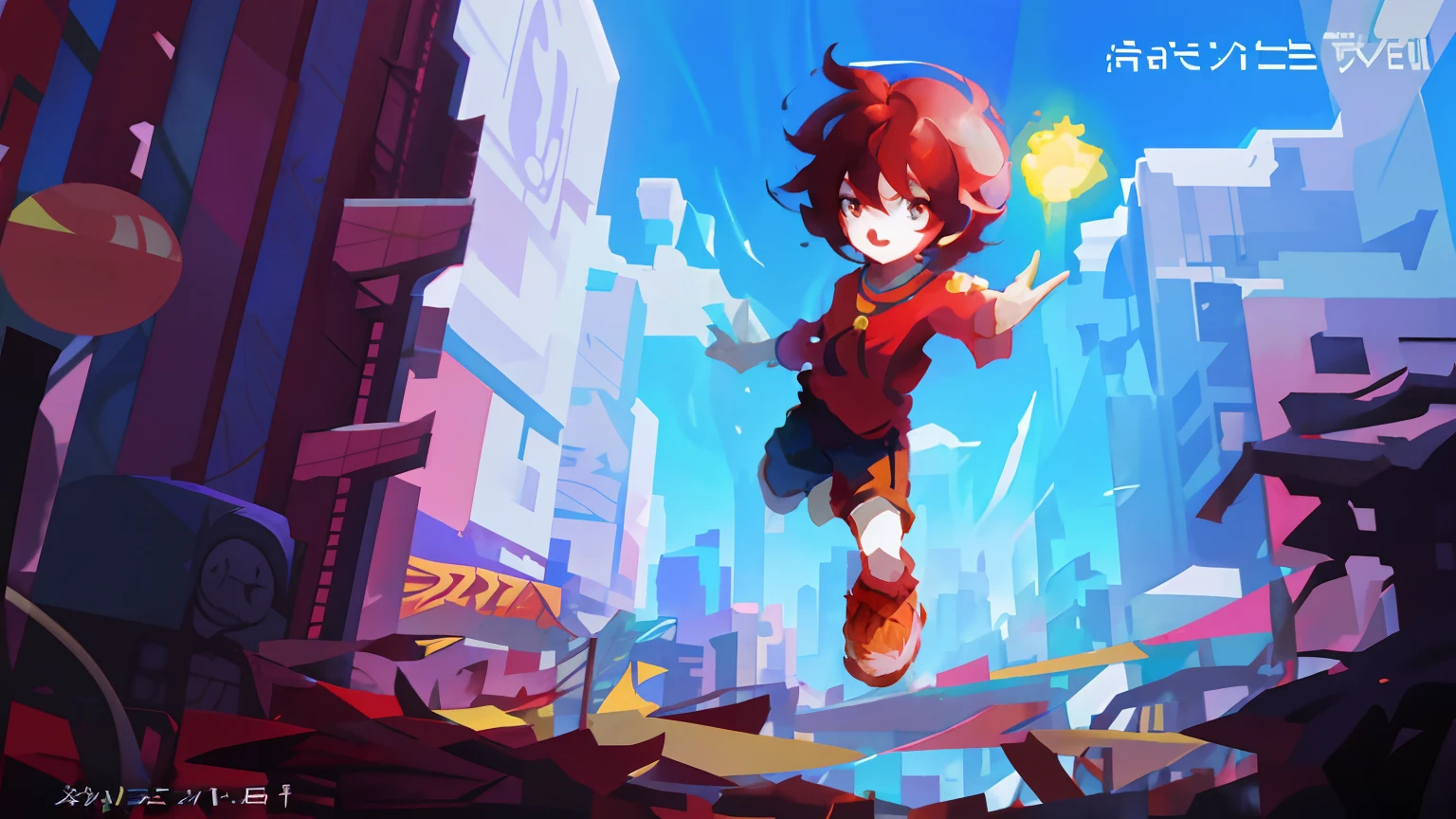 Cartoon boy in red shirt flying over the city, style of duelyst, hero pose colorful city lighting, animation style render, hero 2 d fanart artsation, Stylized anime, character art of maple story, side scroller, side scroller game, inspirado em Goro Fujita, in game style 8k, epic art style, 2D game fanart