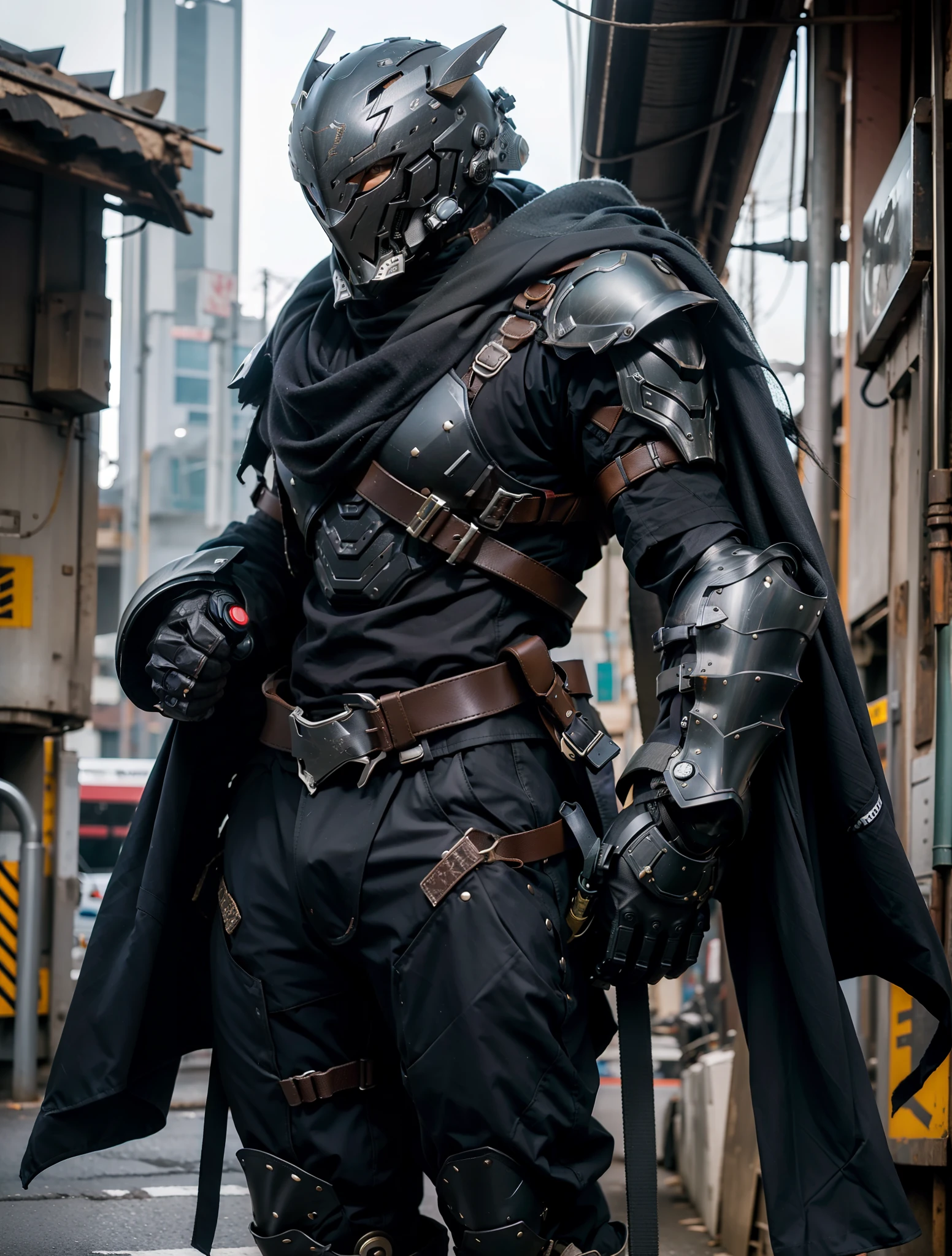 Um ninja com armadura futurista, Stable diffusion helmet with a metal wolf mask