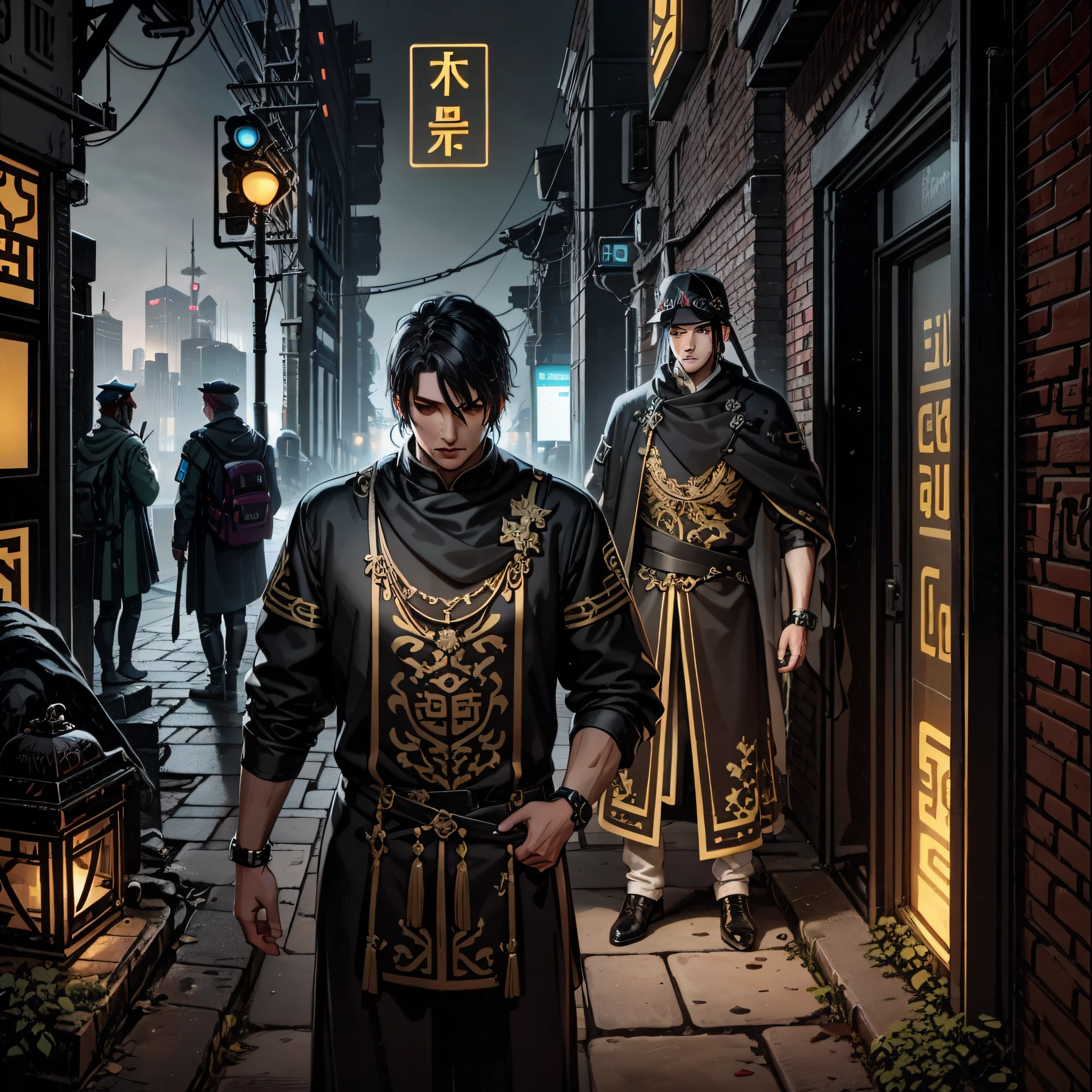 Black Mongolian costume,subculture,neonlight,Characters don't look old-fashioned,Star Ranger,Underworld architecture,There is unreadable text,cyber punk perssonage,the night,Machinary,High quality details,2D,greek mythology characters,There is unreadable text,4K
