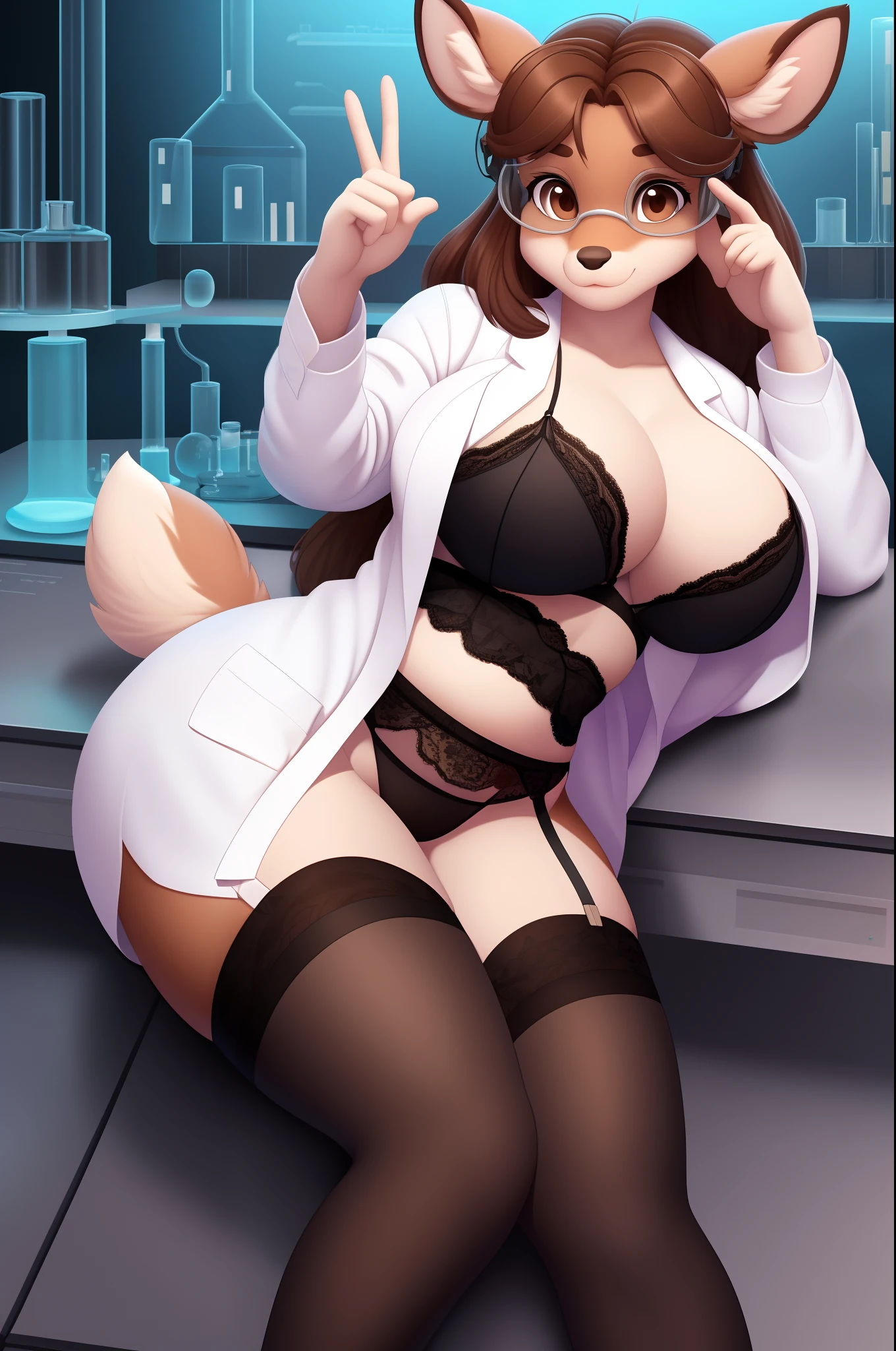 scan, (extremely detailed CG unity 8k wallpaper:1.1), highres, ambient light, (1girl), Dr Doe, brown eyes,doe ears, deer tail, (small tail:1.2), (brown hair, long hair), large breasts, Chubby, standing, looking at viewer, concentrating expression, best quality, masterpiece, solo, 1girl, long Lab coat, blue miniskirt, black shirt, black lingerie, Science goggles, black thigh highs, black garter belt, lying down, full body, solo, (body fur:1.2), (best quality), (lab background:1.2), medium breasts, diffuse lighting, (detailed fluffy fur:1.1), smile, hand gesture, cloven hooves, small tail,