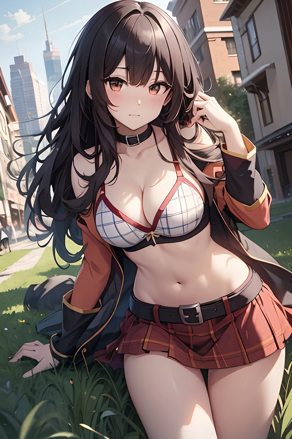 megumin, kono subarashii sekai ni shukufuku wo!, GIRL, (Masterpiece: 1.1), (Best Quality: 1.1), Upper Body Bikini, (White Bikini: 1.1), (Plaid Skirt: 1.1), High Waist Skirt, Blake [Green Grass: Pink, :0.5] Themed, (Urban Background: 1.1), Denim Lenses, Blake Silver, Long, Green Eye, Landscape,