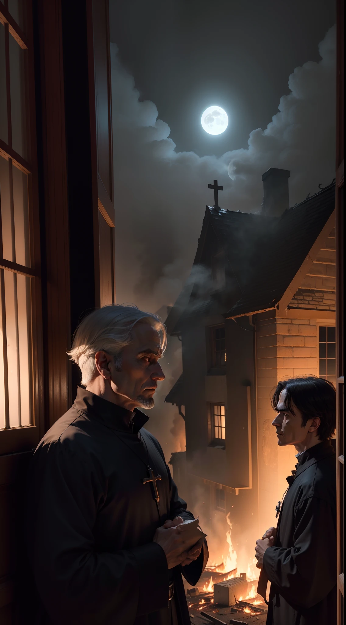a older priest and others stand outside watching as a house that is on fire, its burning, there is a lot of fire and flames, flames are coming out of the broken windows, it's night time, dark, fog, full moon, close up of face, 1600s