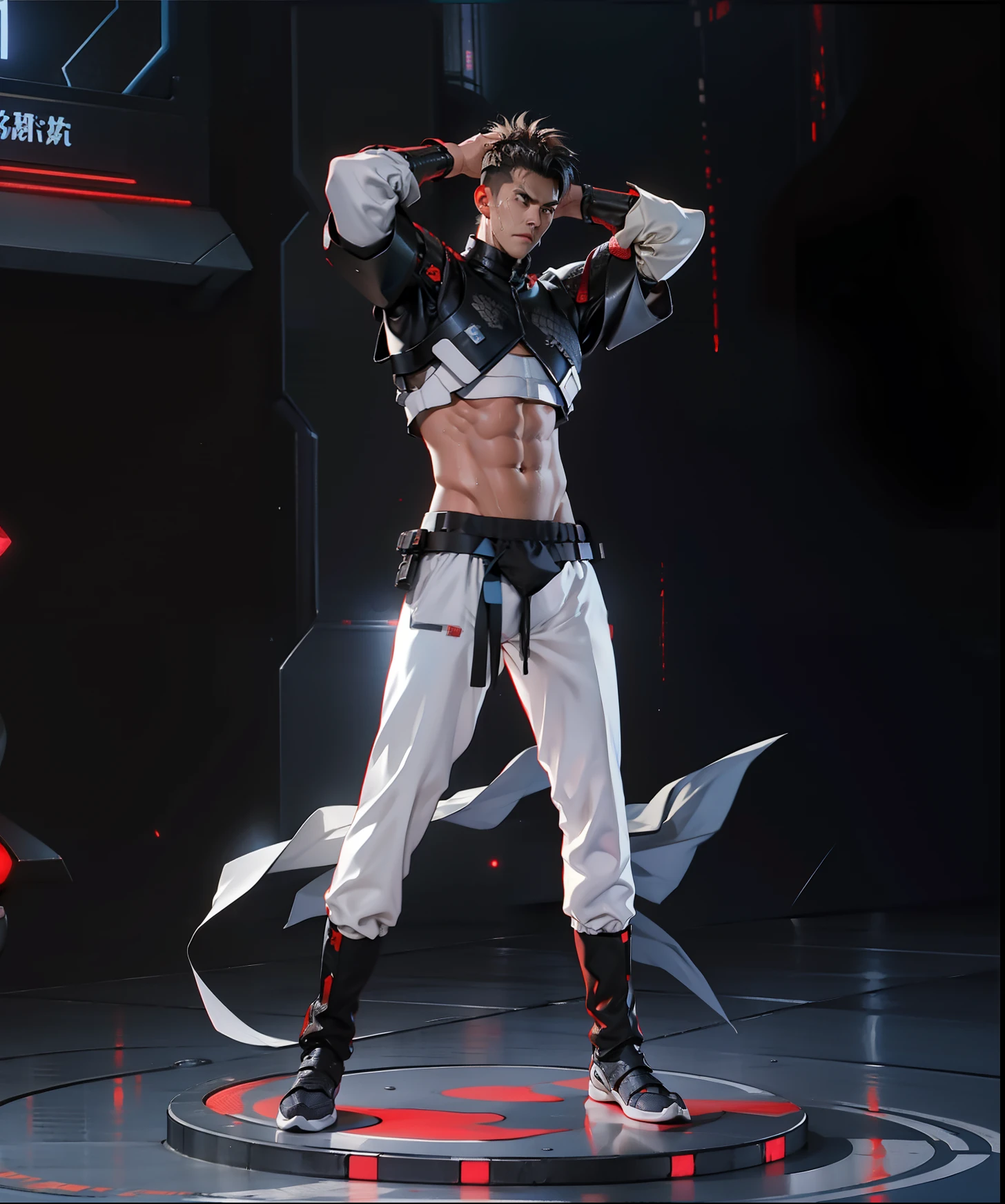 A tall muscular boy , Naked , Legs spread , (The whole body of the character),impact , Sweaty , Wet , Seductive , Bigboobs , large bulge , big balls ,, From the knees , big assa,battle armor,cyber punk style,Wu Yifan,Exposing the pectoral muscles