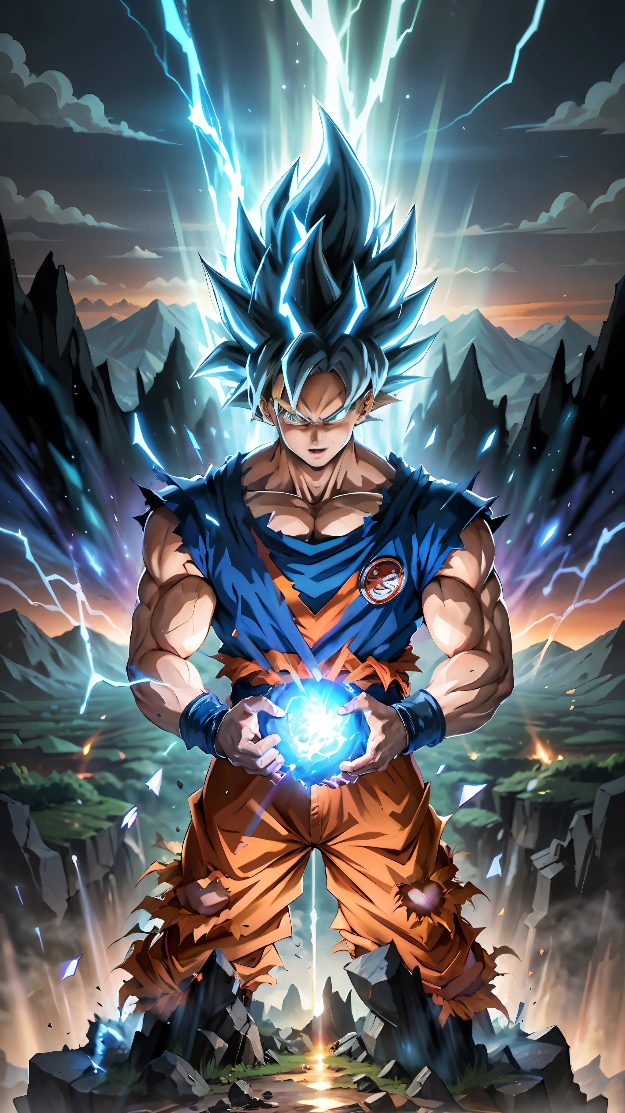 Super Saiyan Goku unleashes a massive energy wave while standing on top of a mountain, the surroundings are filled with lush greenery, and the sky is a mix of orange and purple hues. The energy wave is bright blue with electric sparks around it. (anime:1.2), (dramatic lighting:1.1), (vibrant colors:1.3), (cell-shaded:1.1), (dynamic composition:1.2)