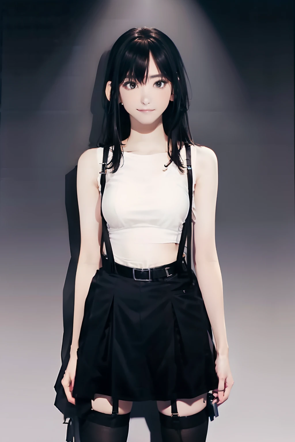 a black skirt, , Tank tops suspenders, Long Black Hair, Gray eyes, holster, Garter belt on the legs, , Moderate breasts and tight clothes, both sides Behind