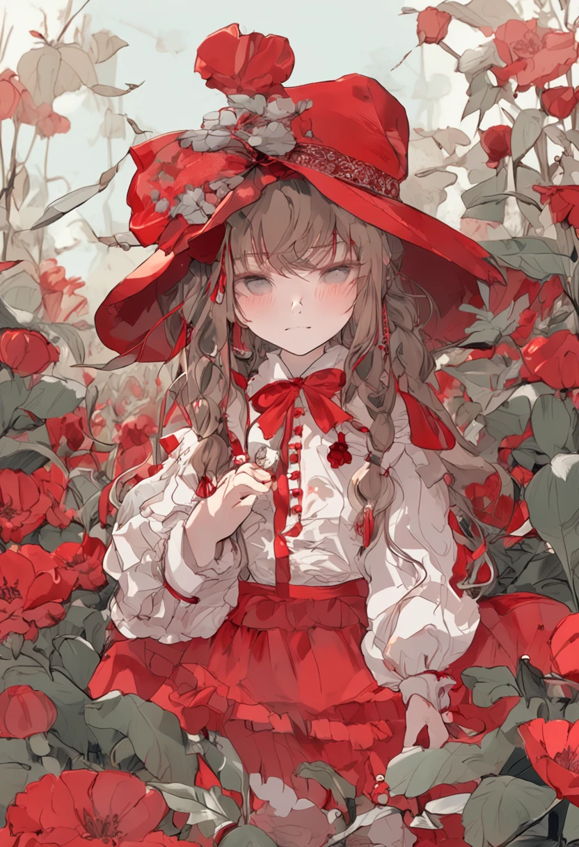 Little girl in red，Crying face，Tears fell down her cheeks，The red daze loosened and fluttered with the wind，Sugar gourd in hand，Pout，Fairy kneeling，Lolita prostitute