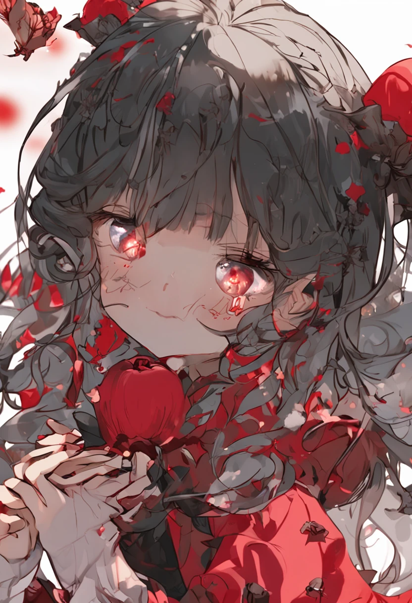 Little girl in red,Crying face,Tears fell down her cheeks,The red daze loosened and fluttered with the wind,Sugar gourd in hand,Pout,Fairy kneeling,Lolita prostitute