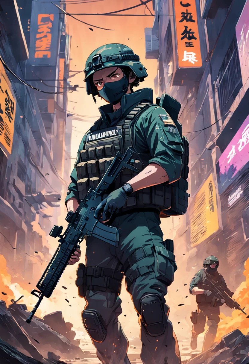 a cyber high tech runing soldier holding a m416 rifle, call of duty poster text behind the soldier, warzone style