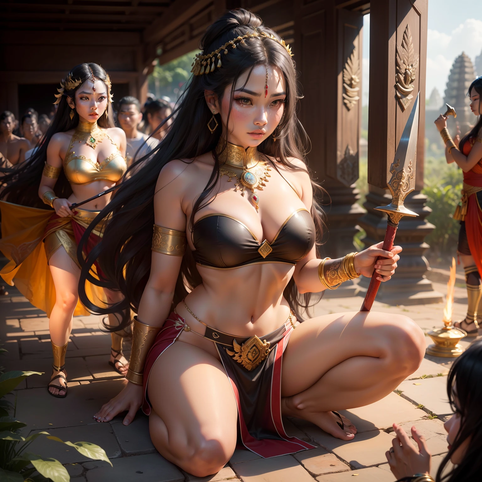 Female Khmer warrior, long black hair, dark brown tanned, Armour on, bangles, Angkor temple, full body, holding weapon, sexy tied hair up, crowd on the head, wearing jewelry, Sak yant tattoos on the arm, curvy body, wear red wrap sarong outfits, dark skinned, cute face, big lips, Diamond shape faces, wide nice nose, defined features on the face, apsara jewelry on, gold leaves jewelry, fighting at war, Armour bra top, sword and shield, Takeo in Cambodia, temple, show full body to foot and toes, wear sandals, khmer men soldiers behind