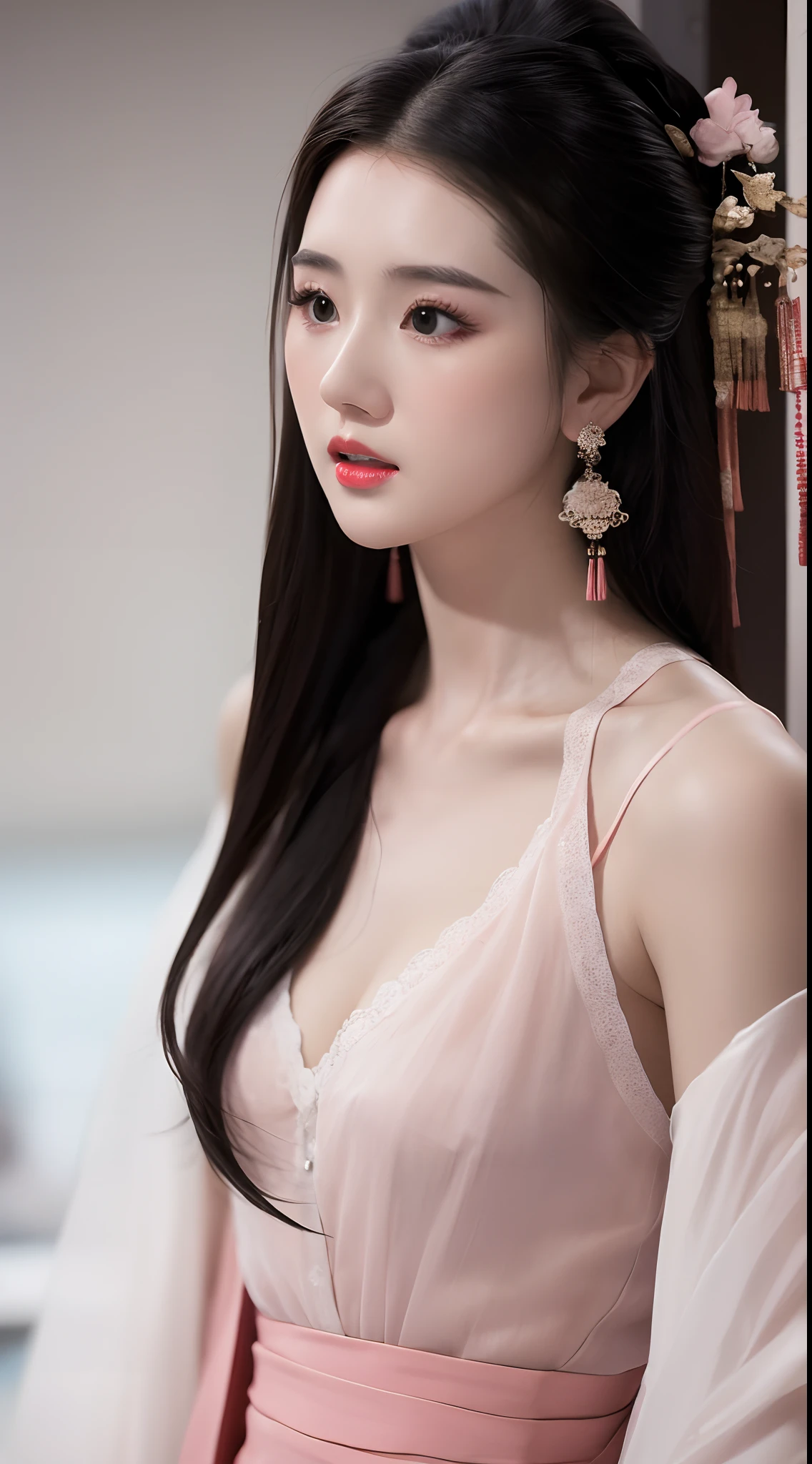 1 realistic beautiful girl, waist length hair, black eyes, long neck dress, hanfu style, wearing Chinese traditional clothes, smooth pinkish white skin, wear a necklace, wearing a discreet neck long dress, shoulders and head appear in photo, cute little face, puffy eyes under wet makeup, red lips, shut up, well-proportioned front teeth, shy, small face with meticulous and very beautiful makeup , smooth skin, super round and tight breasts, breast augmentation, best breasts, ((blum boobs:0.6)), camisole inner cover girl's breasts, blusher, front view, earrings, necklace, top high, looking at viewer, upturned eyes, full body, masterpiece, top quality, best quality , official art, united wallpaper 8k, high resolution, ultra high definition, ultra detail, (photorealistic:1.2), alone, solo, Only 1 girl, Dunhuang hanfu style, 10x pixels, surreal, ultra high quality, full girl body, upper body,