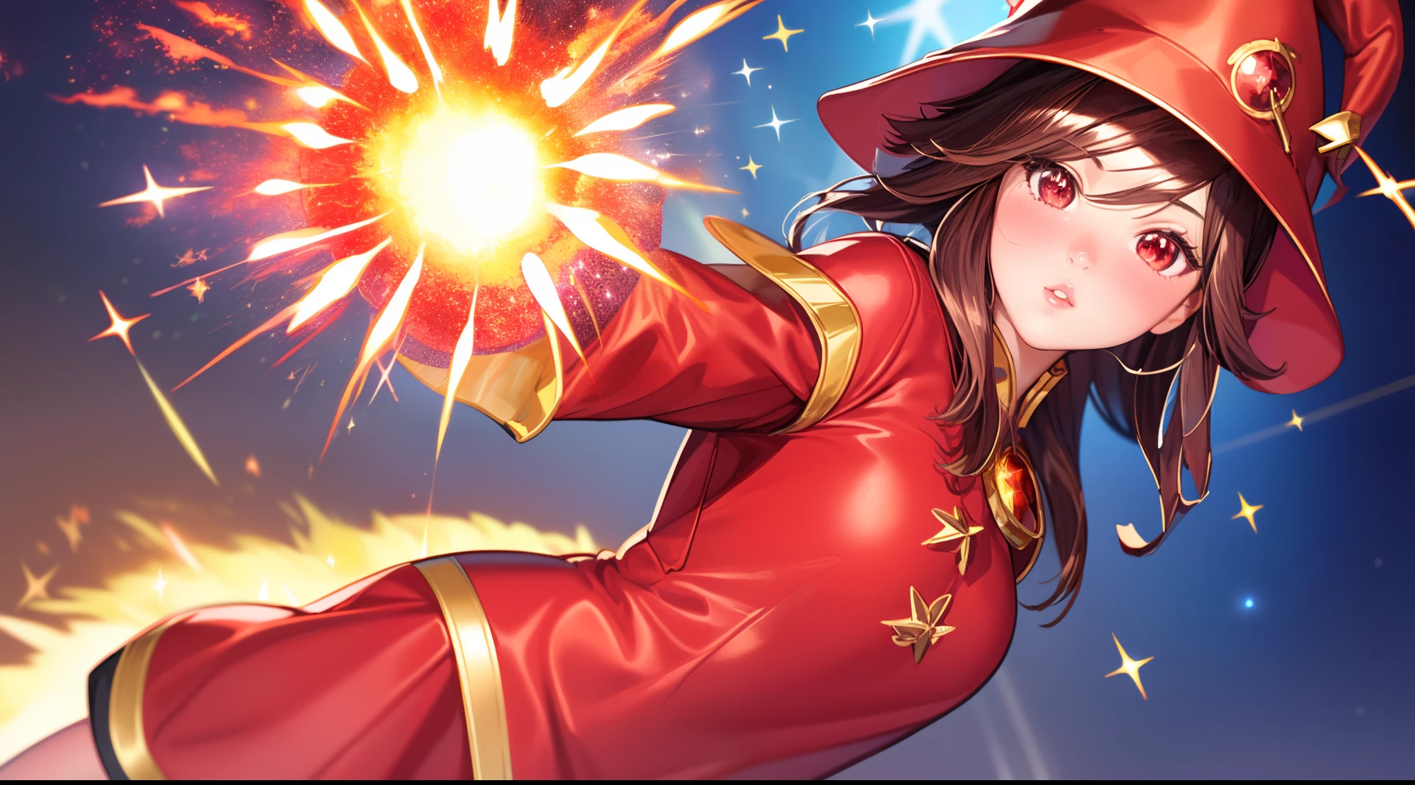 (1girl, realistic, blush, parted lips, wearing red mage outfit, wearing mage hat, sparkling red eyes, short brown hair, fire explosion background), 8k resolution, masterpiece,