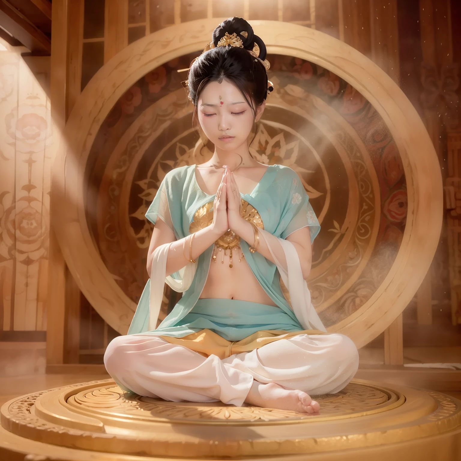 Zen  beauty soaked with  doing yoga lotus sitting meditation in a  chamber，（Complete and delicate face）