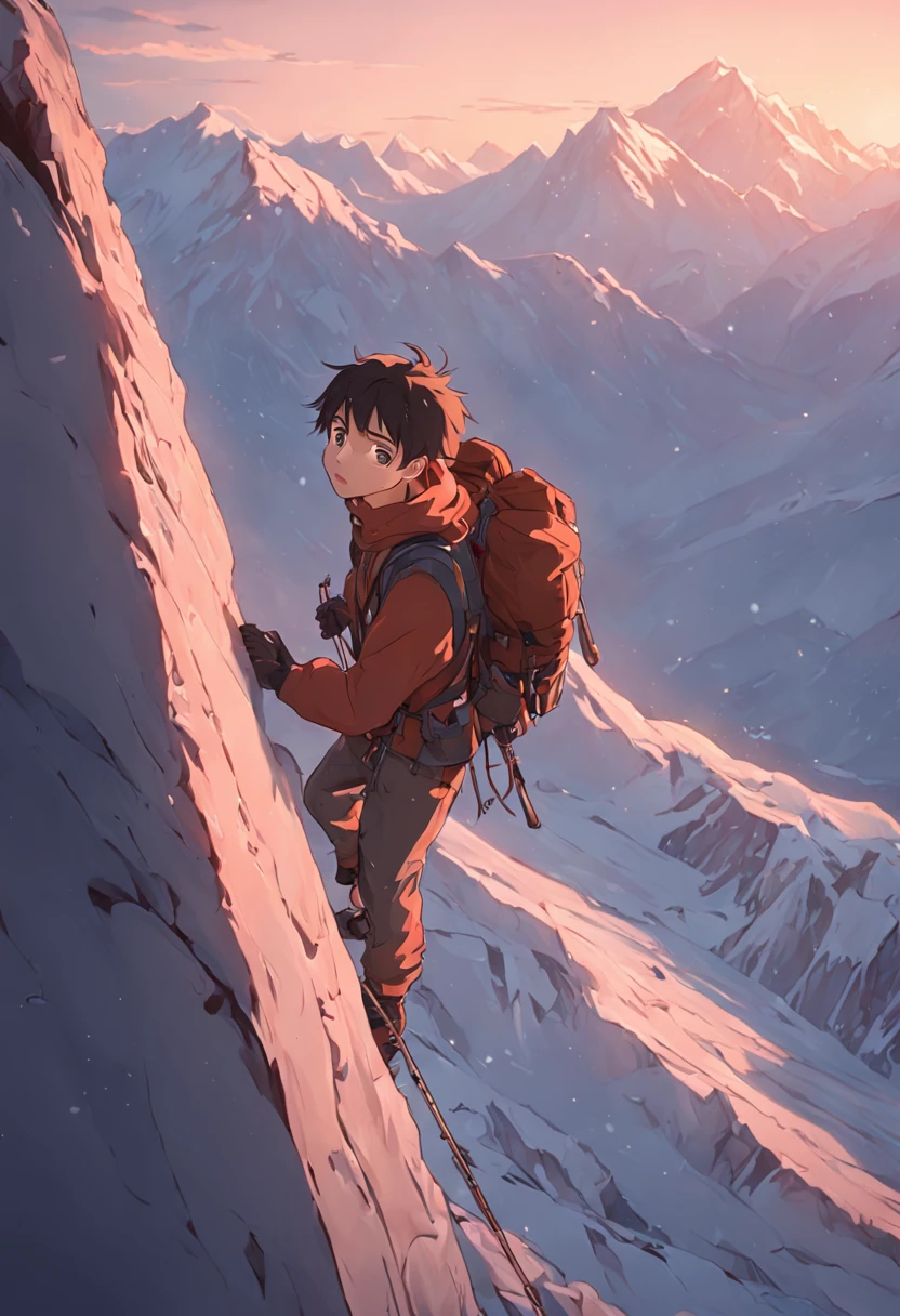 (((Very realistic skin details)))  (masutepiece, Highest Quality), (Realistic, Photo_Realistic:1.9), ((photo shot))  Young mountaineer climbing vertical mountain wall at dawn. In the background, Majestic snow-covered mountains々Looks. Photo framing is moderate, Focus on a piece of snowy mountain with a young mountaineer. Photos are taken using a medium format camera. Desirable film simulation is「Vintage Desaturation Style」is. Using standard lenses、Achieves a natural and balanced perspective. Soft dawn light illuminates the scene, Emphasize its tranquility. Sharp Focus, 8K, nffsw, High quality, frowning, intricate-detail, Highly detailed, Hyper-realistic"