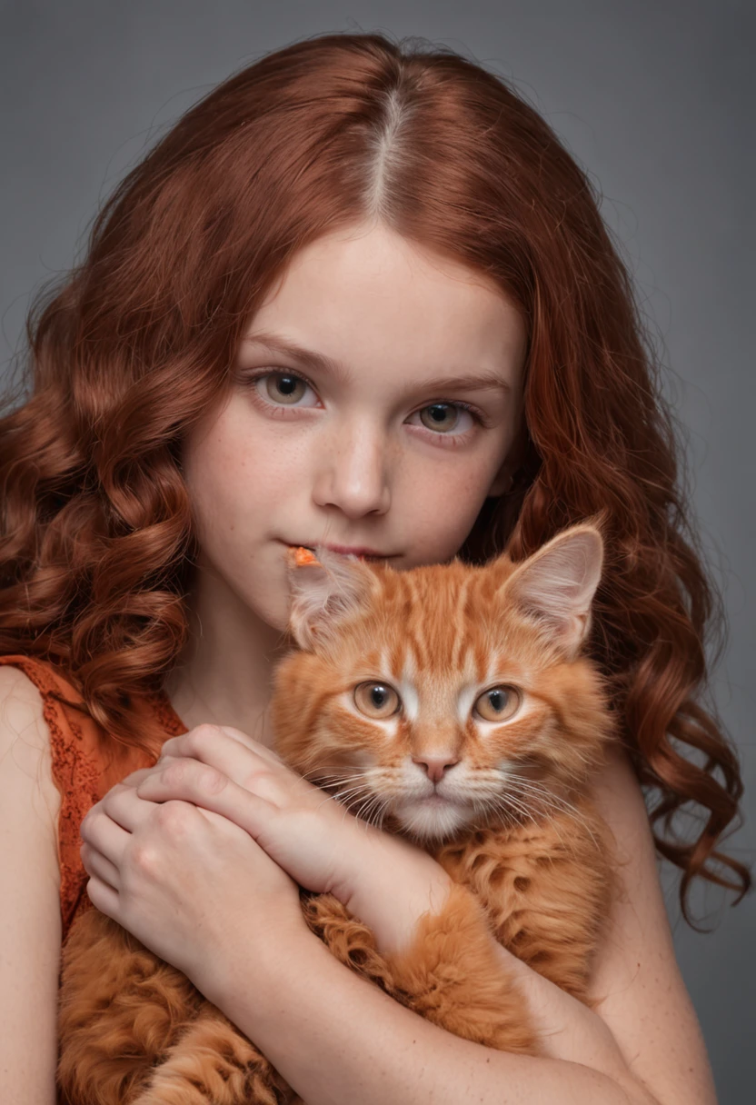 a young girl at  with red Wool curls long hair holding an orange cat, studio portrait, studio light, pure dark brown background