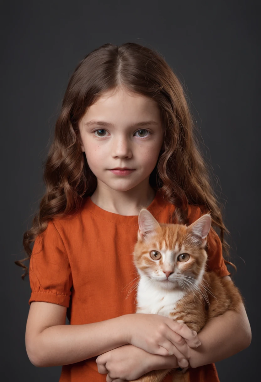 a young girl at with red Wool curls long hair holding an orange cat, studio portrait, studio light, pure dark brown background