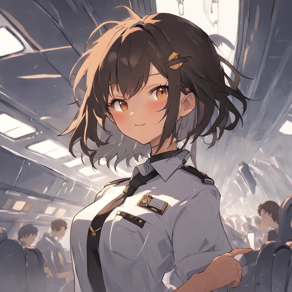 1girl, short black bob hair, yellow eyes, Round glasses, tan skin,dark skin ,BROWN SKIN, SHE HAS LIGHT BROWN SKIN, petite body, wearing plain white formal work shirt, wearing long black pants, business tie, absurdres, high res, ultrasharp, 8k, masterpiece, looking at viewer, cat ears, airline pilot uniform, airline pilot hat, white background, short sleeve, bangs, flat chest, whiskers, androgynous, she has cat ears on her head, she has cat teeth, cloudy background, holding pet black cat, smiling, large round glasses, no airplanes, airplane cabin background, wearing a choker on neck, collar on her neck, whiskers on her cheeks