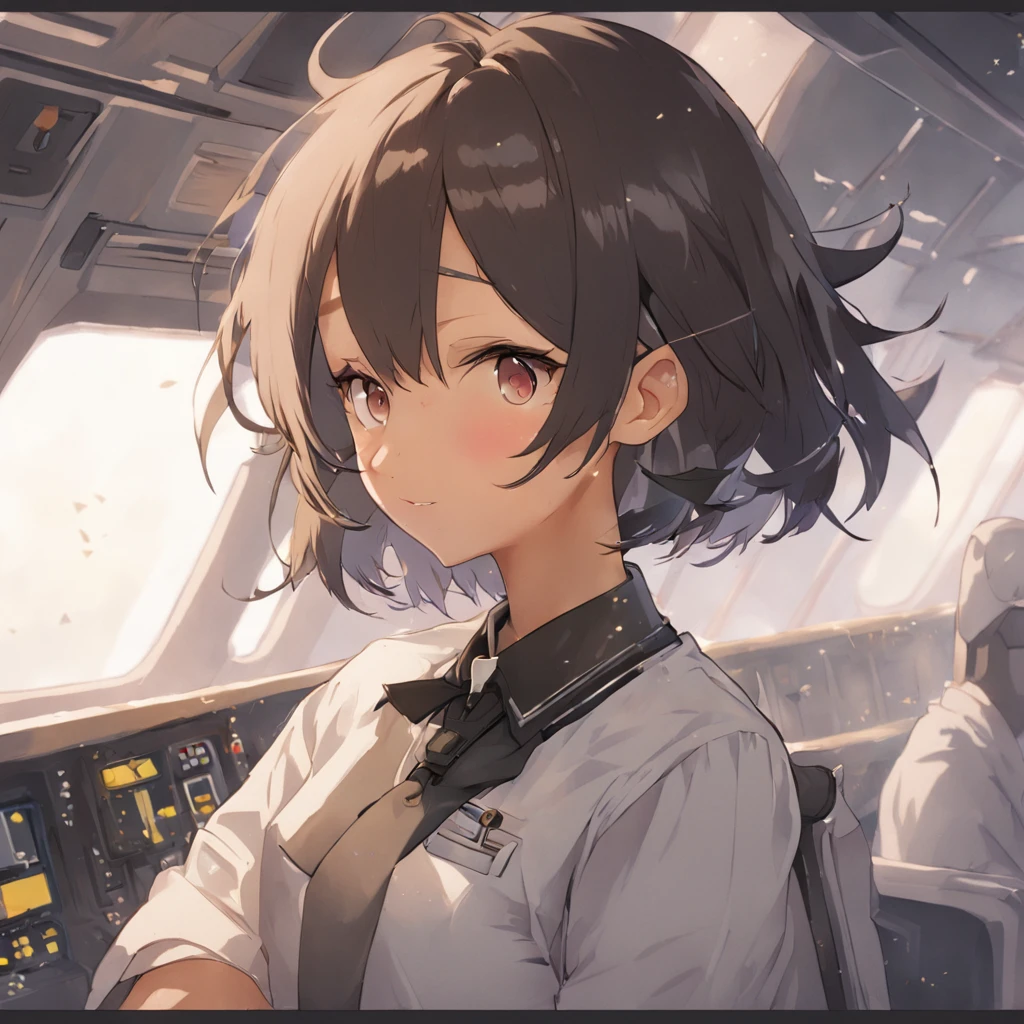 1girl, short black bob hair, yellow eyes, Round glasses, tan skin,dark skin ,BROWN SKIN, SHE HAS LIGHT BROWN SKIN, petite body, wearing plain white formal work shirt, wearing long black pants, business tie, absurdres, high res, ultrasharp, 8k, masterpiece, looking at viewer, cat ears, airline pilot uniform, airline pilot hat, white background, short sleeve, bangs, flat chest, whiskers, androgynous, she has cat ears on her head, she has cat teeth, cloudy background, holding pet black cat, smiling, large round glasses, no airplanes, airplane cabin background, wearing a choker on neck, collar on her neck, whiskers on her cheeks