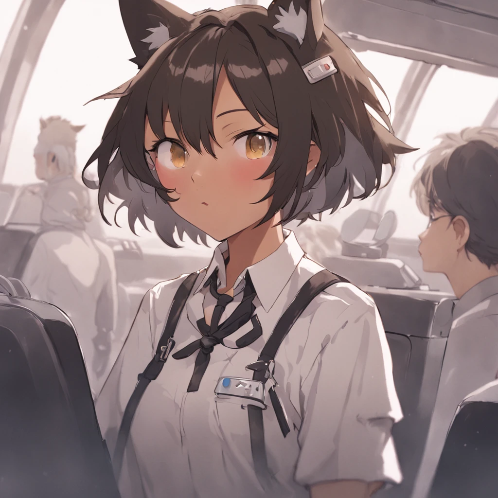 1girl, short black bob hair, yellow eyes, Round glasses, tan skin,dark skin ,BROWN SKIN, SHE HAS LIGHT BROWN SKIN, ite body, wearing plain white formal work shirt, wearing long black pants, business tie, absurdres, high res, ultrasharp, 8k, masterpiece, looking at viewer, cat ears, airline pilot uniform, airline pilot hat, white background, short sleeve, bangs, flat chest, whiskers, androgynous, she has cat ears on her head, she has cat teeth, cloudy background, holding pet black cat, smiling, large round glasses, no airplanes, airplane cabin background, wearing a choker on neck, collar on her neck, whiskers on her cheeks