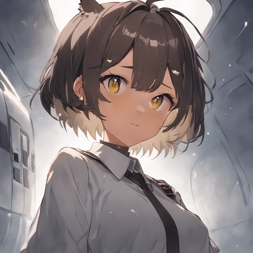 1girl, short black bob hair, yellow eyes, Round glasses, tan skin,dark skin ,BROWN SKIN, SHE HAS LIGHT BROWN SKIN, ite body, wearing plain white formal work shirt, wearing long black pants, business tie, absurdres, high res, ultrasharp, 8k, masterpiece, looking at viewer, cat ears, airline pilot uniform, airline pilot hat, white background, short sleeve, bangs, flat chest, whiskers, androgynous, she has cat ears on her head, she has cat teeth, cloudy background, holding pet black cat, smiling, large round glasses, no airplanes, airplane cabin background, wearing a choker on neck, collar on her neck, whiskers on her cheeks