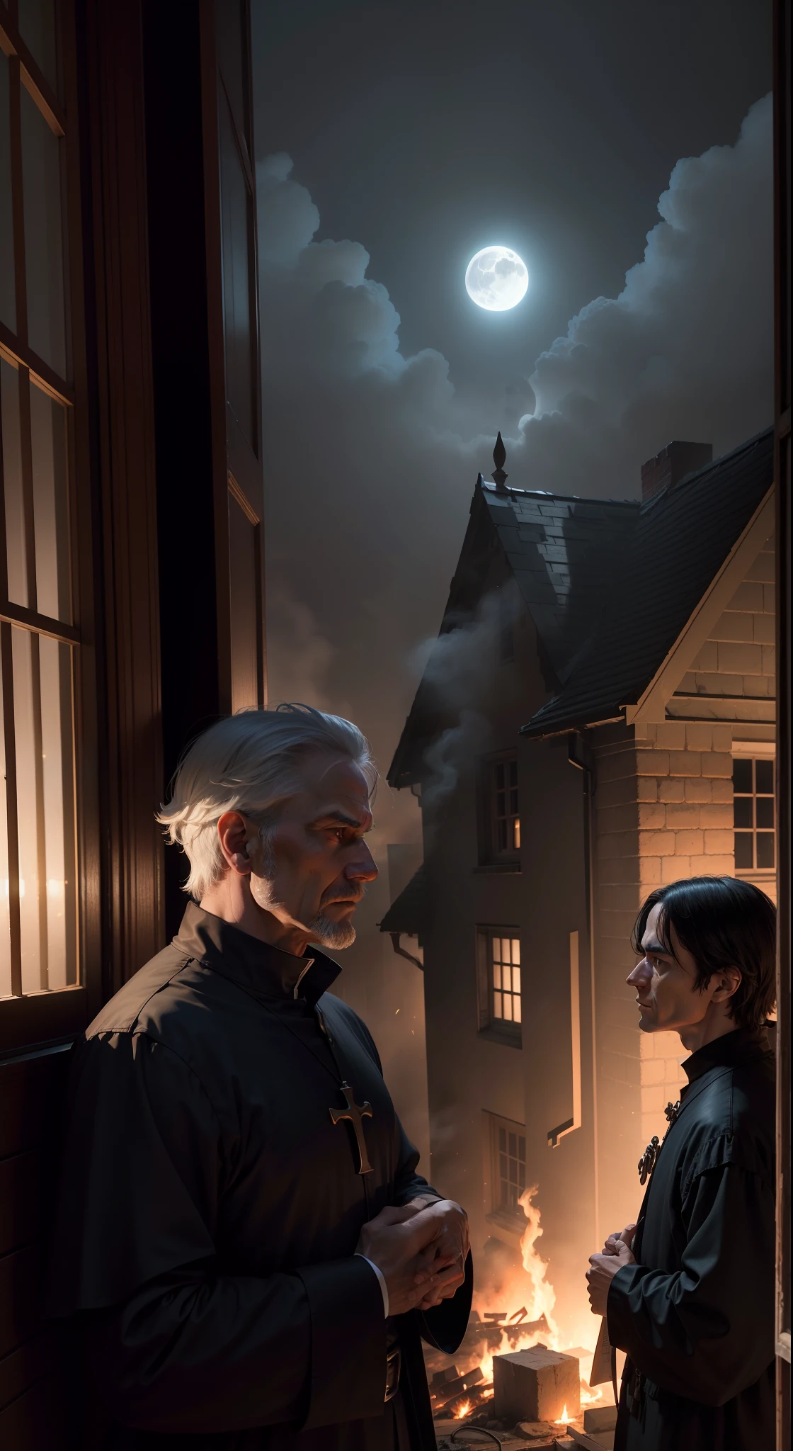 a older priest and others stand outside watching as a house that is on fire, its burning, there is a lot of fire and flames, flames are coming out of the broken windows, it's night time, dark, fog, full moon, close up of face, 1600s