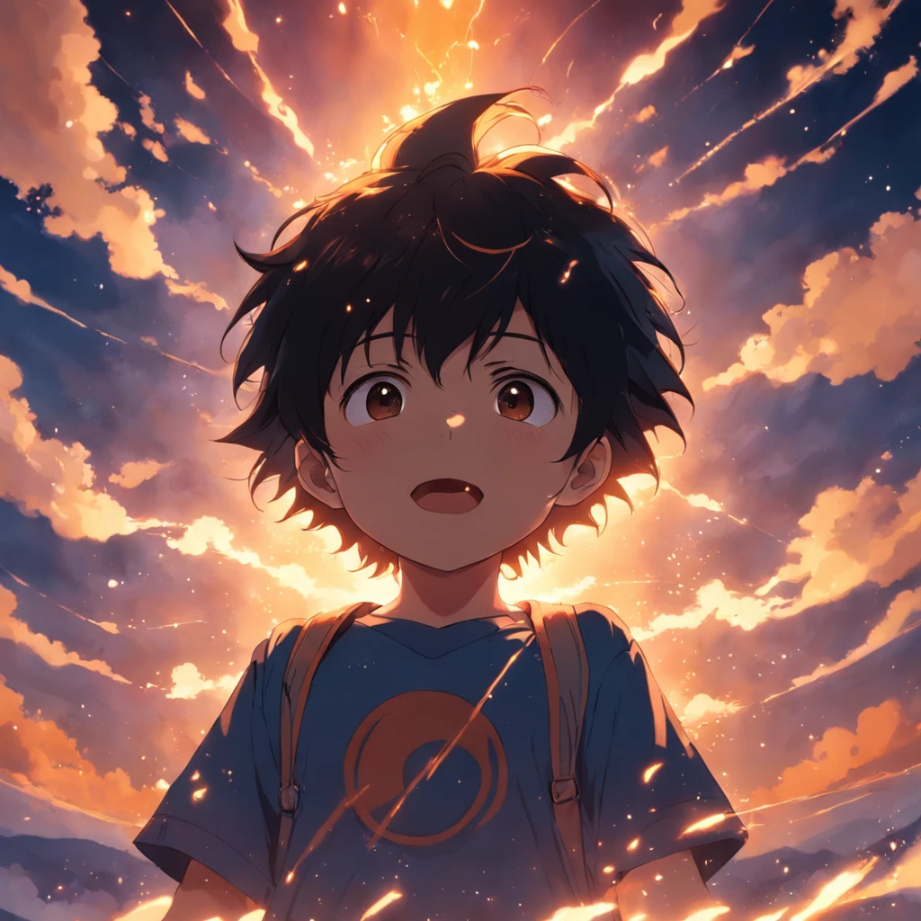 obra-prima, melhor qualidade, filme ainda, 1boy, garoto nuvem, floating into the sky, close-up, brilhante, feliz, Soft lighting and Warm, sun sunset, (Sparks: 0,7)