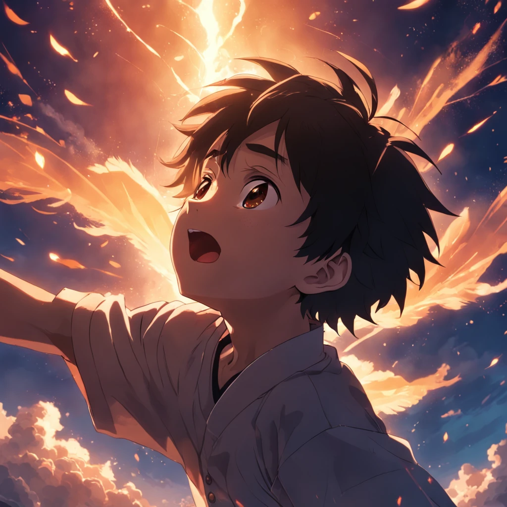 obra-prima, melhor qualidade, filme ainda, 1boy, garoto nuvem, floating into the sky, close-up, brilhante, feliz, Soft lighting and Warm, sun sunset, (Sparks: 0,7)