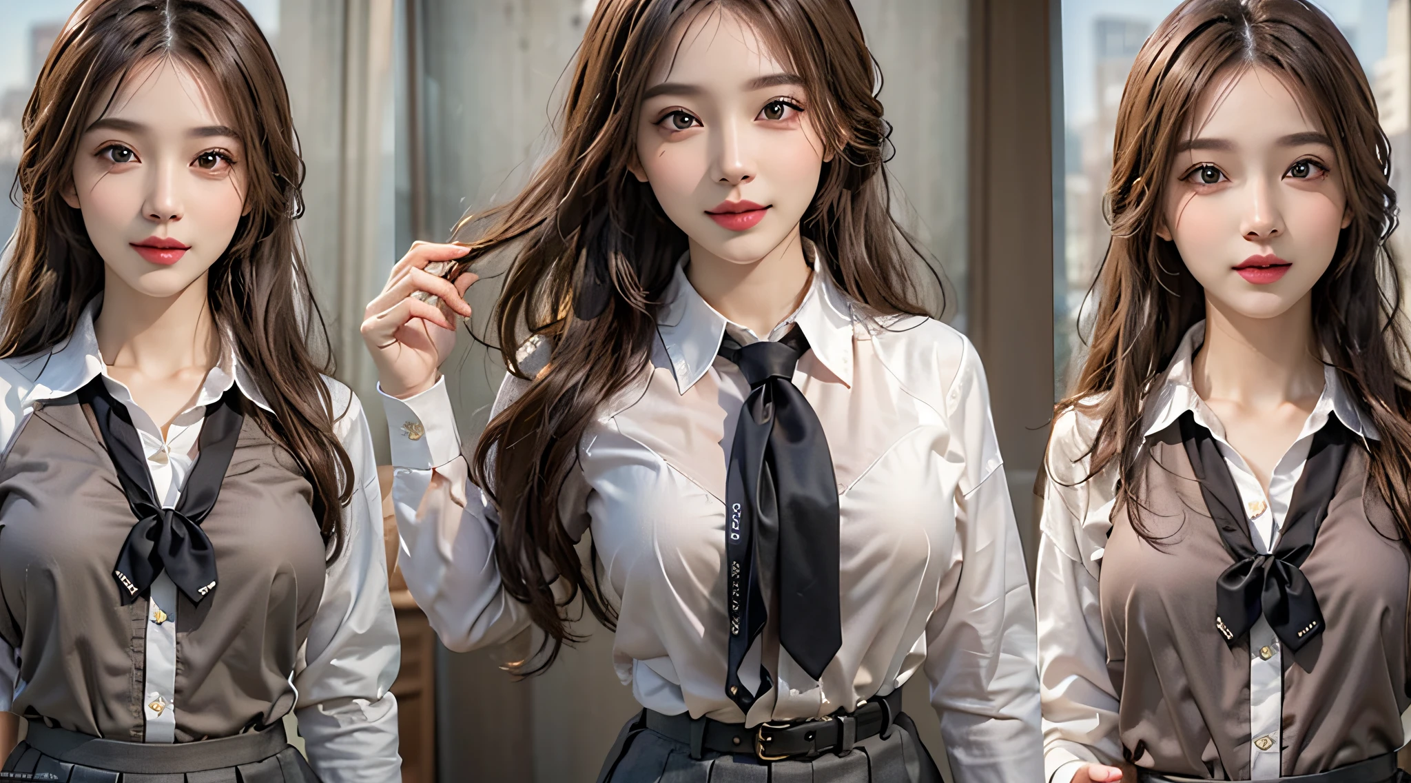 Highest quality, masterpiece, 1girl, light smile,solo,long legs,Skirt, shirt, tie, brown hair, pantyhose, long hair, blue tie, jacket, white shirt, black shoes, high heels, full body, standing, classroom, collar shirt, brown eyes, pencil skirt, looking at the audience, office lady, closed mouth, long sleeves, black dress, black jacket, formal, shadow, blurred background, lips, holding, suit, legs, blurry, chest, smile, hands in pockets, bangs, Brown pantyhose,, full body photo