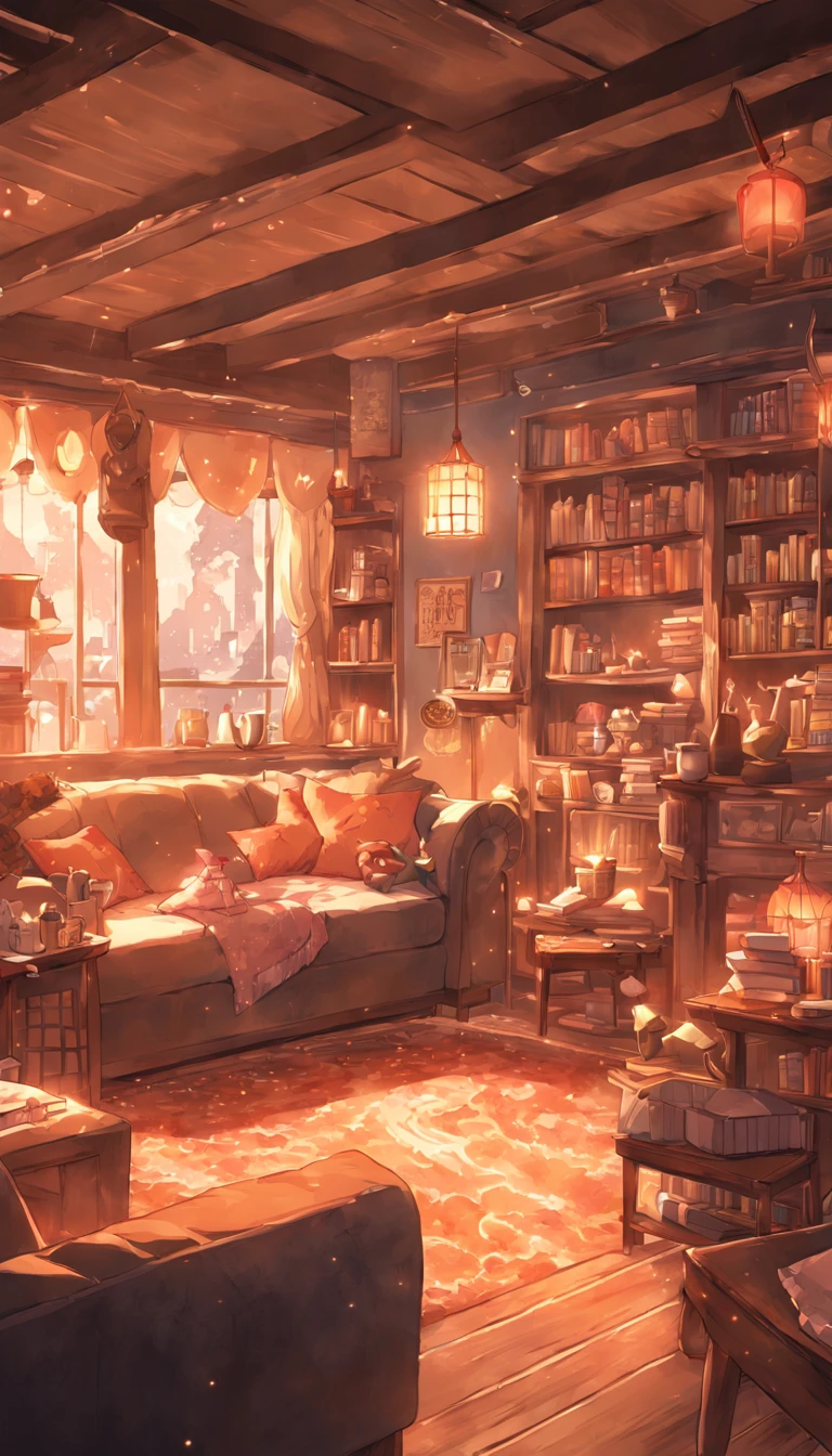 There is a living room,There are a lot of books on the shelves, cozy cafe background, cozy place, cozy environment, designed for cozy aesthetics, Relaxing concept art, cozy home background, Cozy atmosphere, pleasant cozy atmosphere, highly detailed scenario, a multidimensional cozy tavern, cozy and peaceful atmosphere, cozy living room background, cozy environment, cosy atmoshpere, highly detailed environments