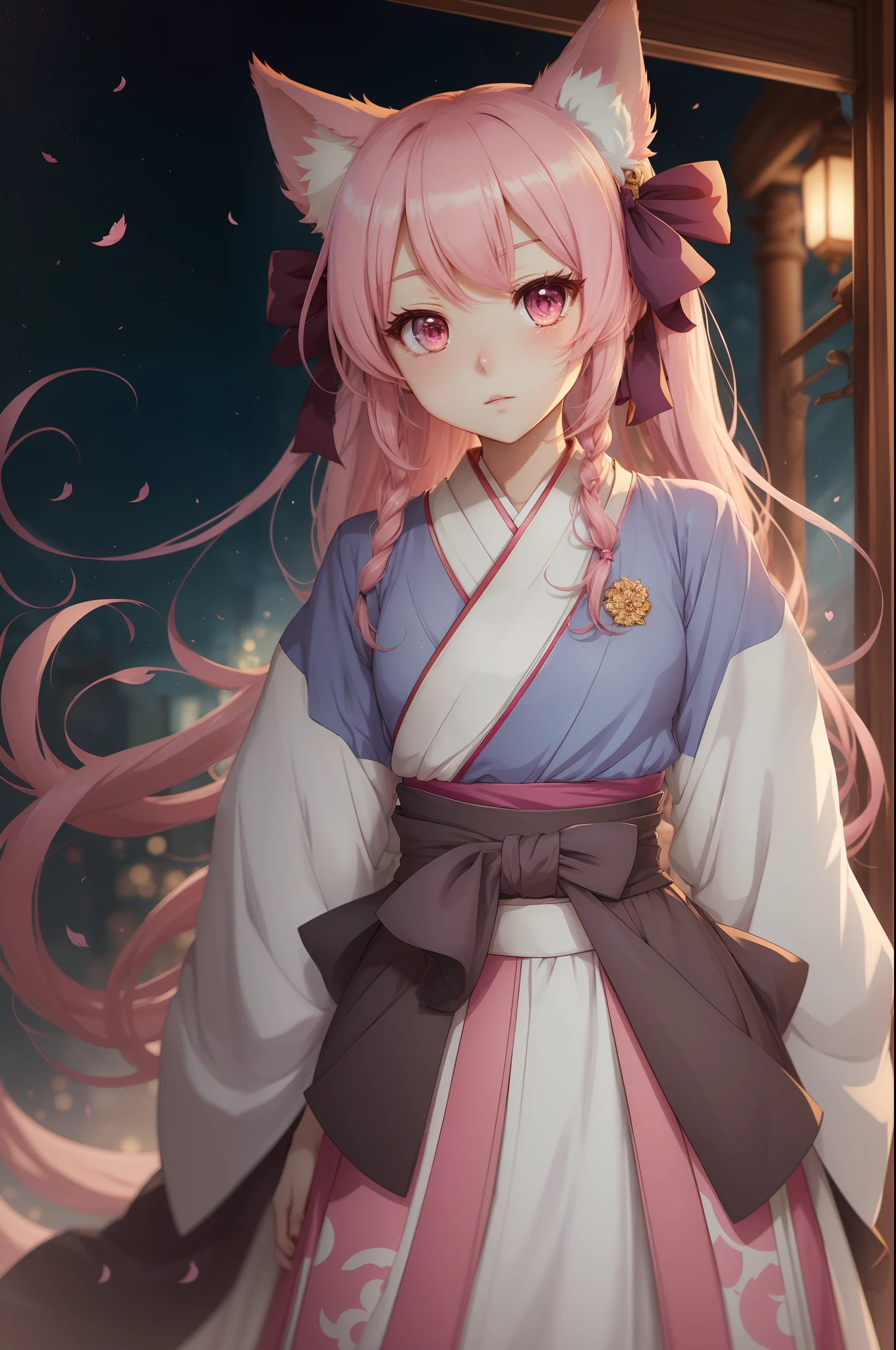 Anime character of a woman wearing Hanbok，Wear long, fluent clothes，pretty anime character design，anime visual of a cute girl，Kantai collection style，Anime moe art style，small curvaceous loli，Chen Jiru，small loli girl，Anime character design，Highly detailed character design，Guviz，high quality character design，high qulity。super detailing。Pink hair，Dango head，Fox ears，Nine fluffy foxtails，2D anime style，solo person --auto