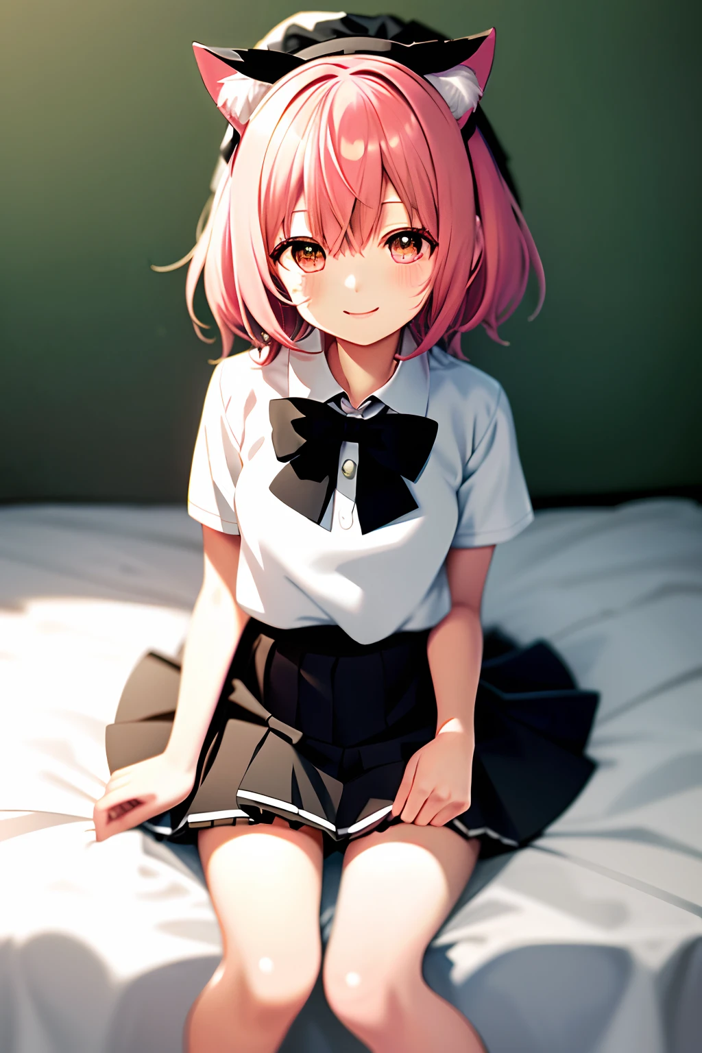 Best quality, Masterpiece, Ultra-detailed details, Anime beautiful girl sitting on bed, (Short pink hair), Wearing cat ears on his head, ((Wears white short sleeves, Black pleated skirt)), White stockings, ((Happy expression)), From Girl Front, Girl Fren...