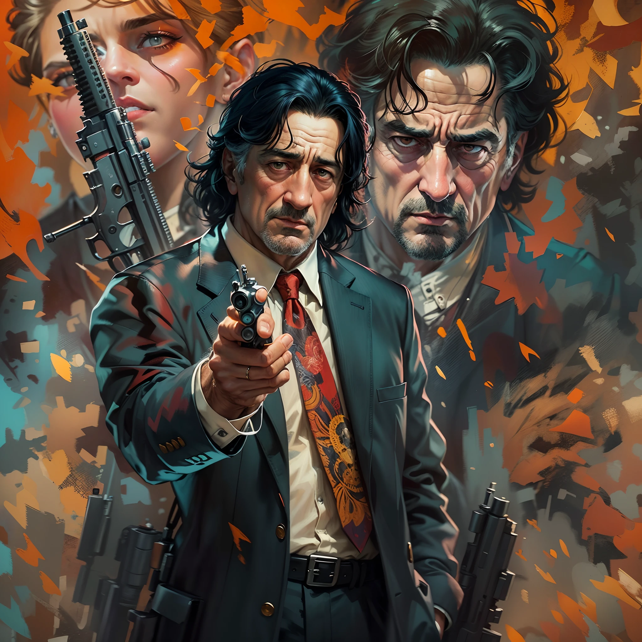 A painting of a man Robert De Niro  ( with black hair), gangster  pose and look, perfect Art, Art, Intricate Digital Painting, original Artwork, Illustration, guns in the background digital art, masterpiece Illustration, Beautiful 4K Art, Vibrant Digital Painting , Stunning digital illustration, Intricate masterpiece, A beautiful artwork illustration, Beautiful color art!