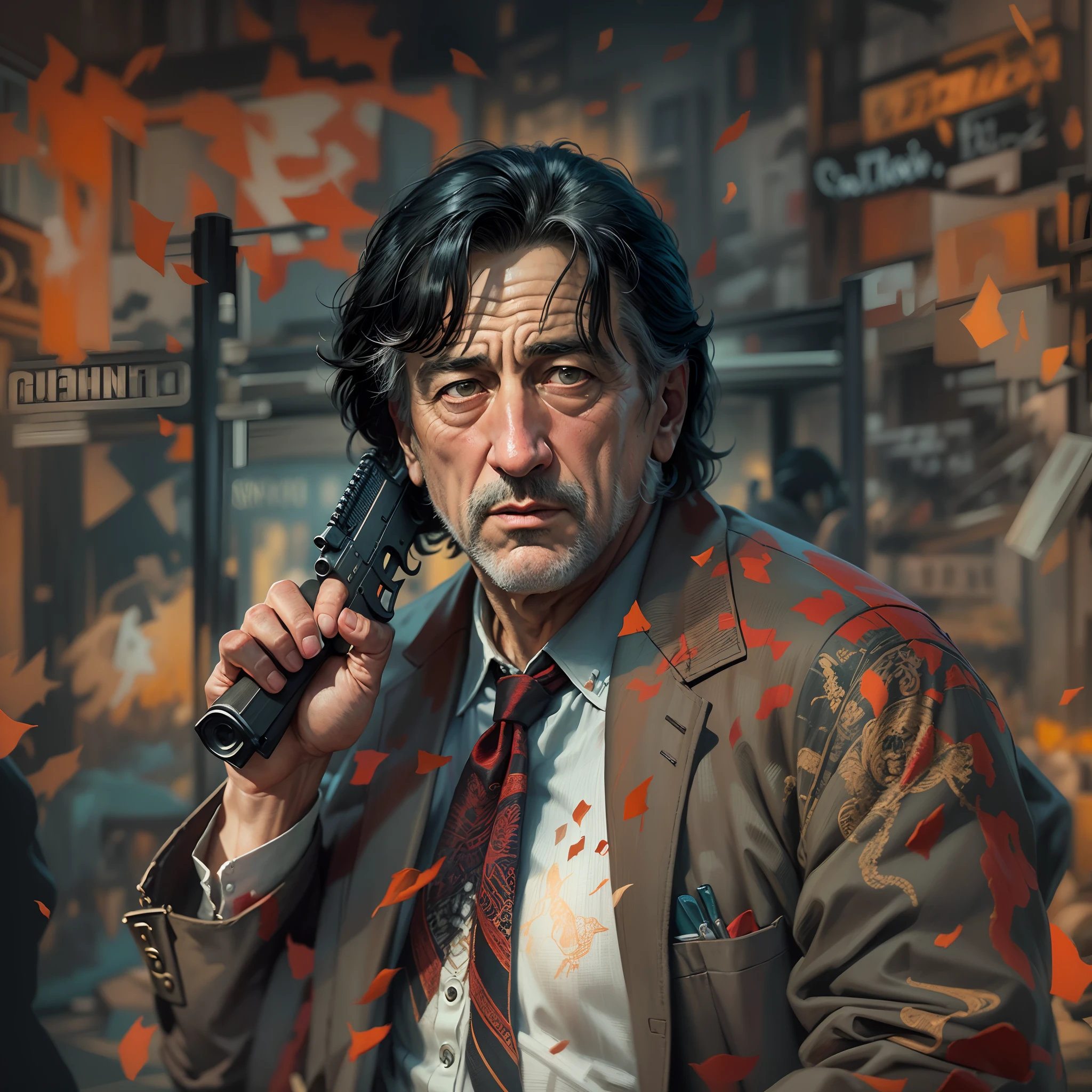 A painting of a man Robert De Niro ( with black hair), gangster pose and look, perfect Art, Art, Intricate Digital Painting, original Artwork, Illustration, guns in the background digital art, masterpiece Illustration, Beautiful 4K Art, Vibrant Digital Painting , Stunning digital illustration, Intricate masterpiece, A beautiful artwork illustration, Beautiful color art!